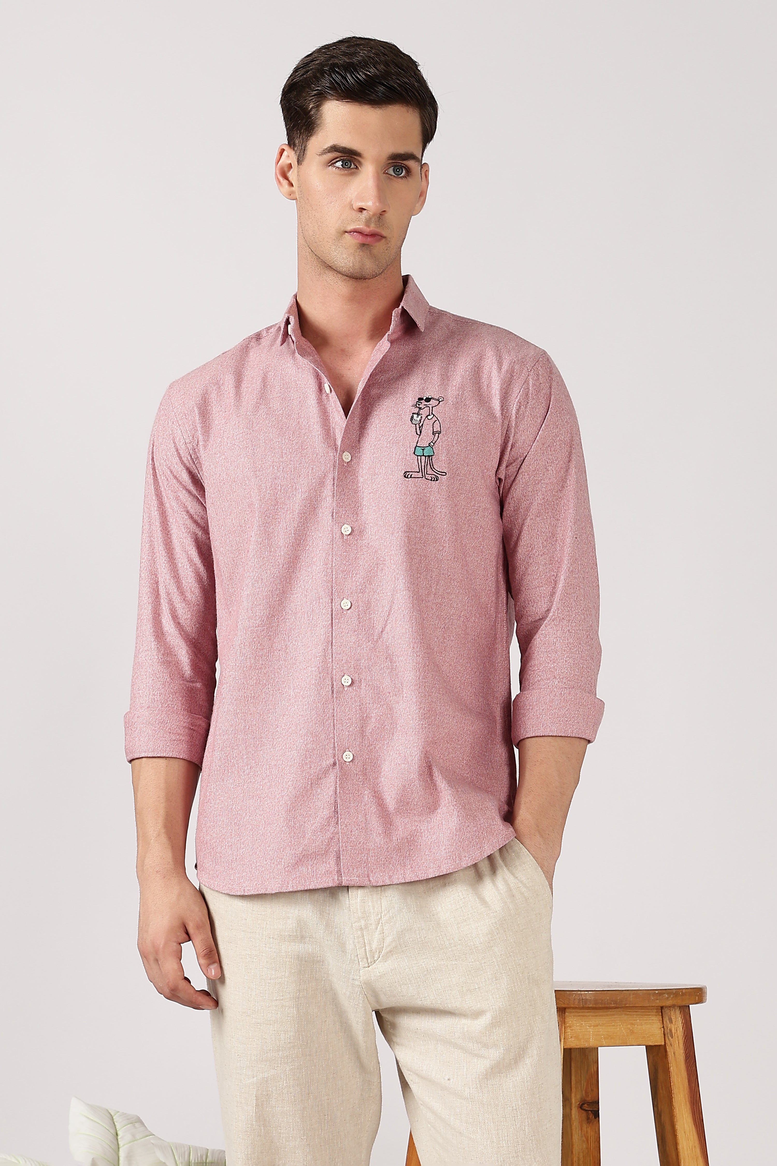 Soda Stroll Cotton Regular Fit Pink Embroidered Shirt