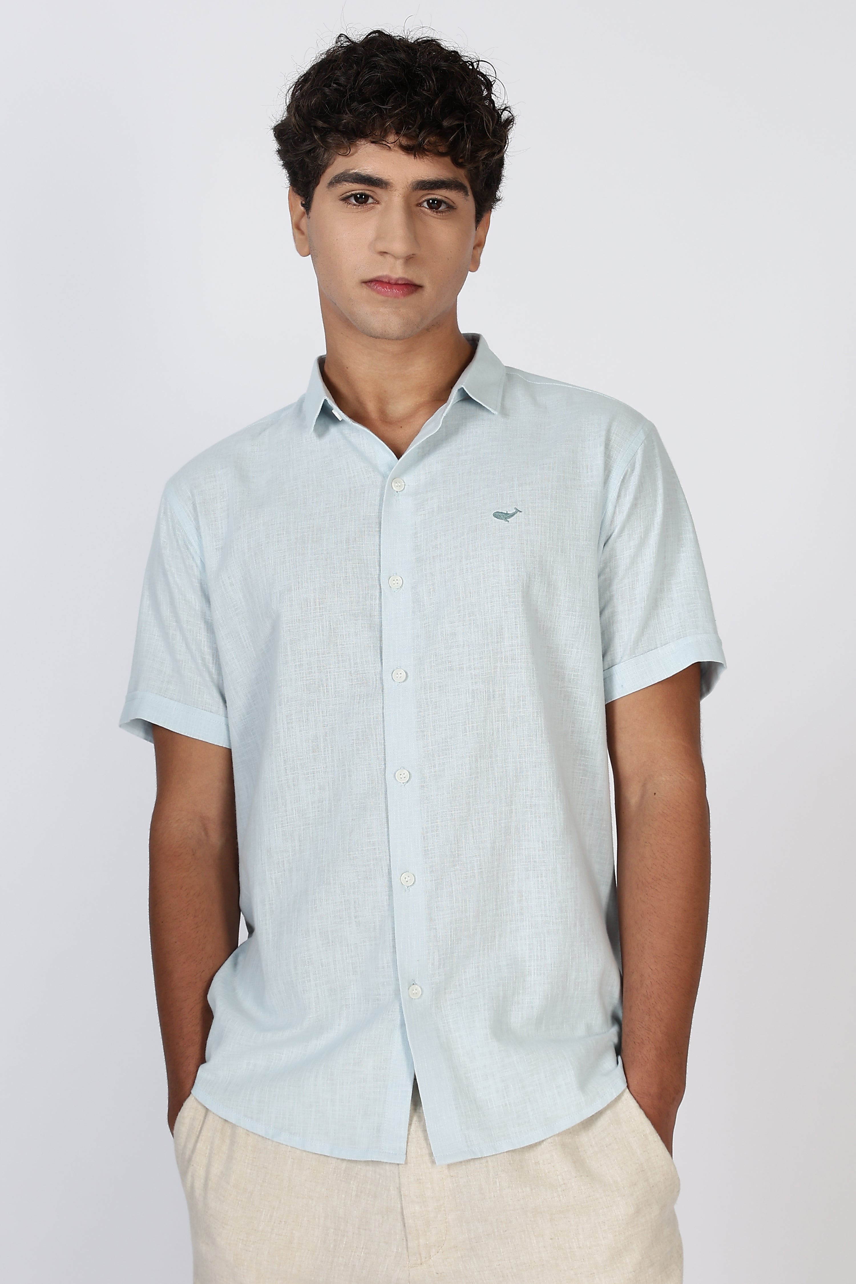 Coastal Drift Cotton-Linen Regular Fit Sky Blue Shirt