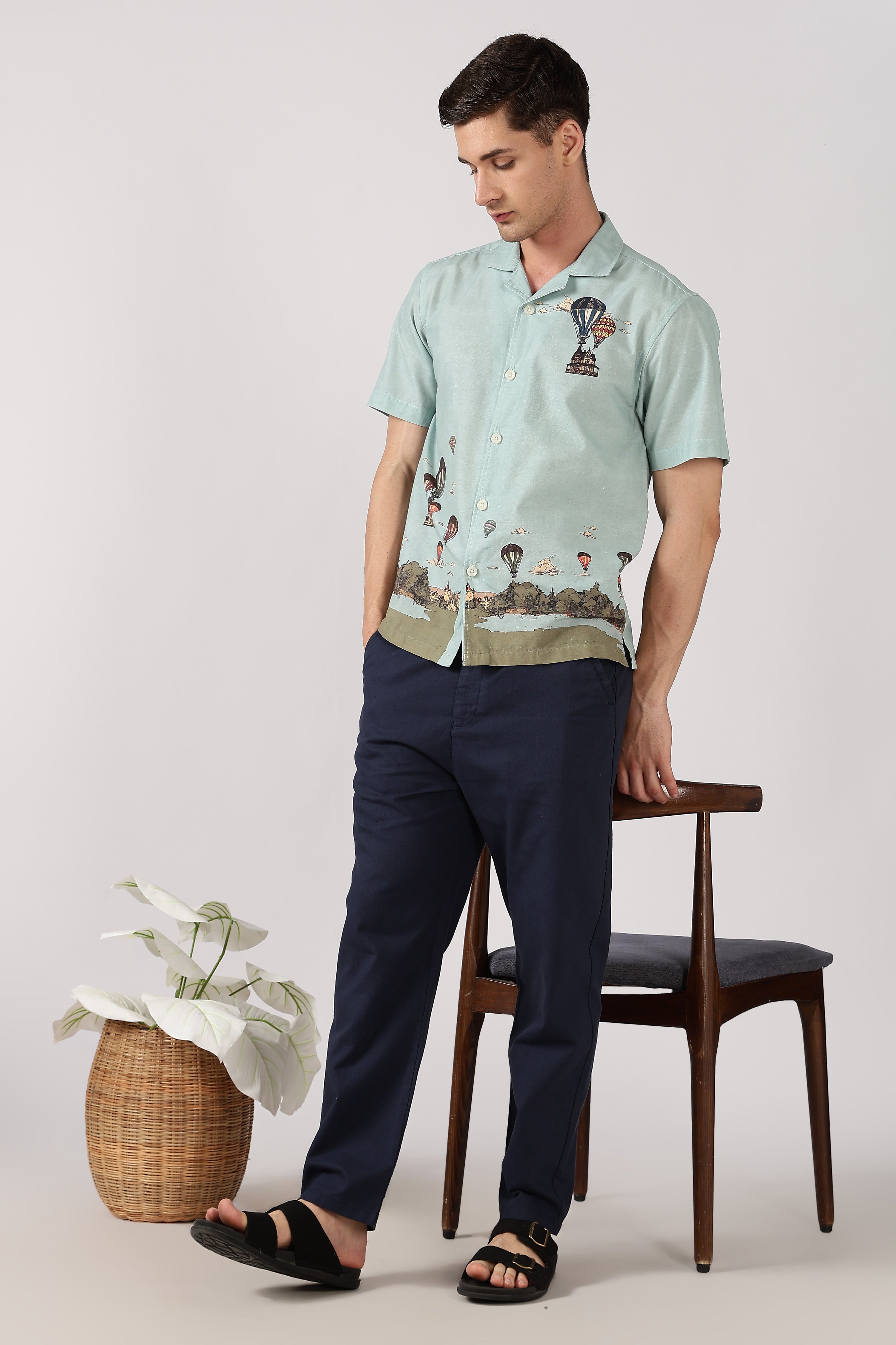 Whimsical Air Balloon Cotton Box Fit Sky Printed Shirt