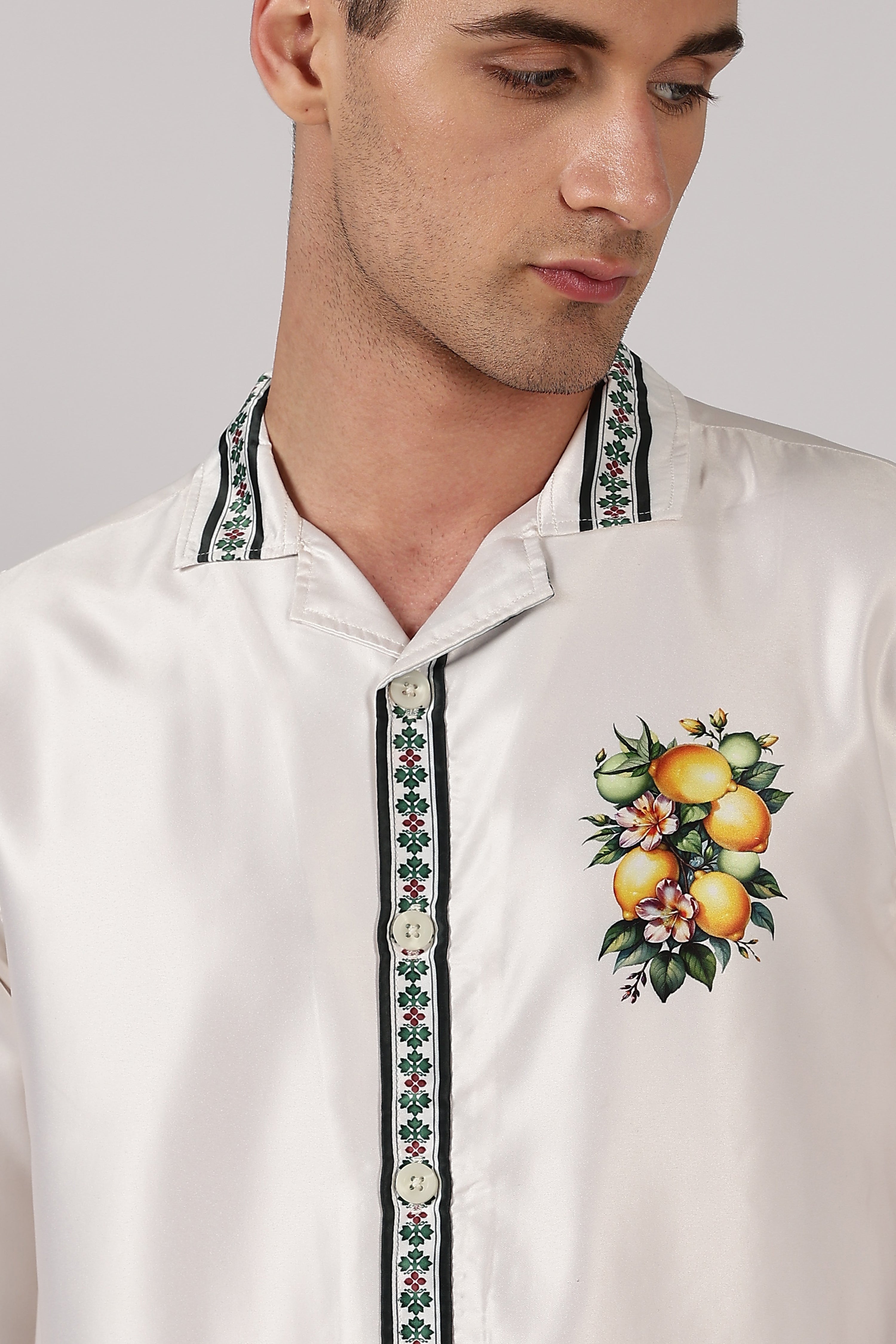 Citrus Grove Satin Box Fit Off White Printed Shirt
