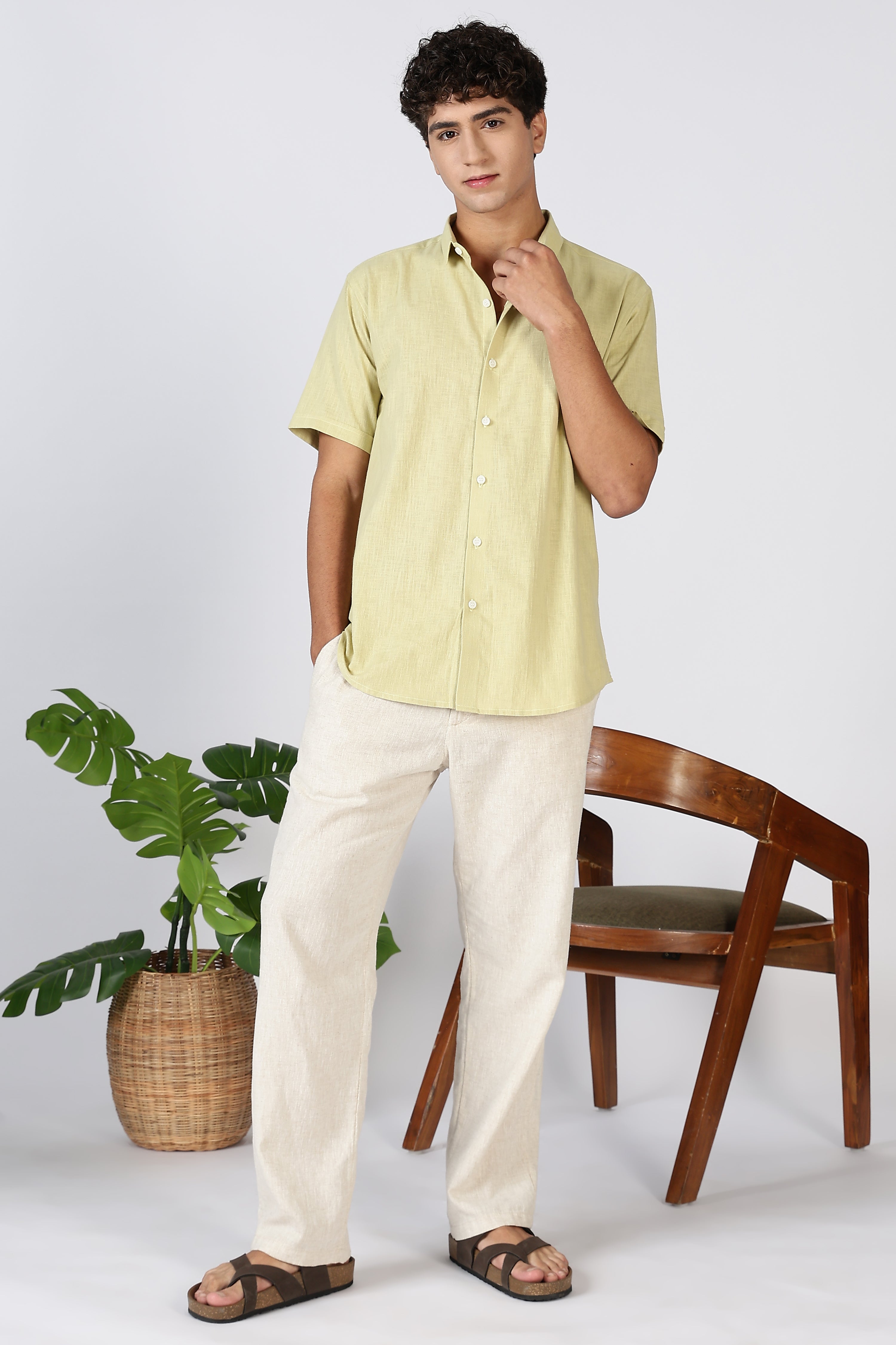 Coastal Drift Cotton-Linen Regular Fit Yellow Shirt