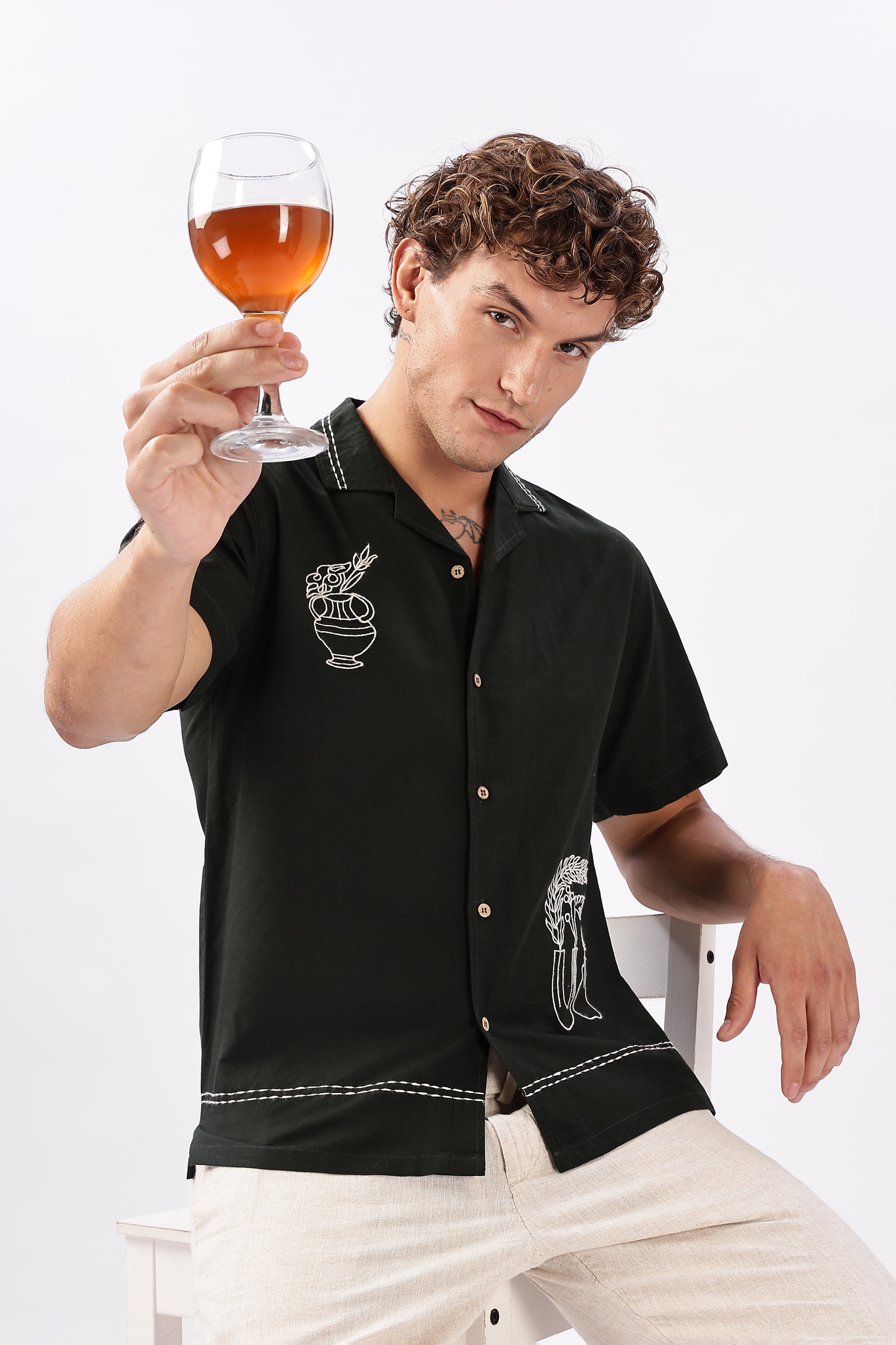 Still Life in Stitch Olive Embroidery Camp Shirt