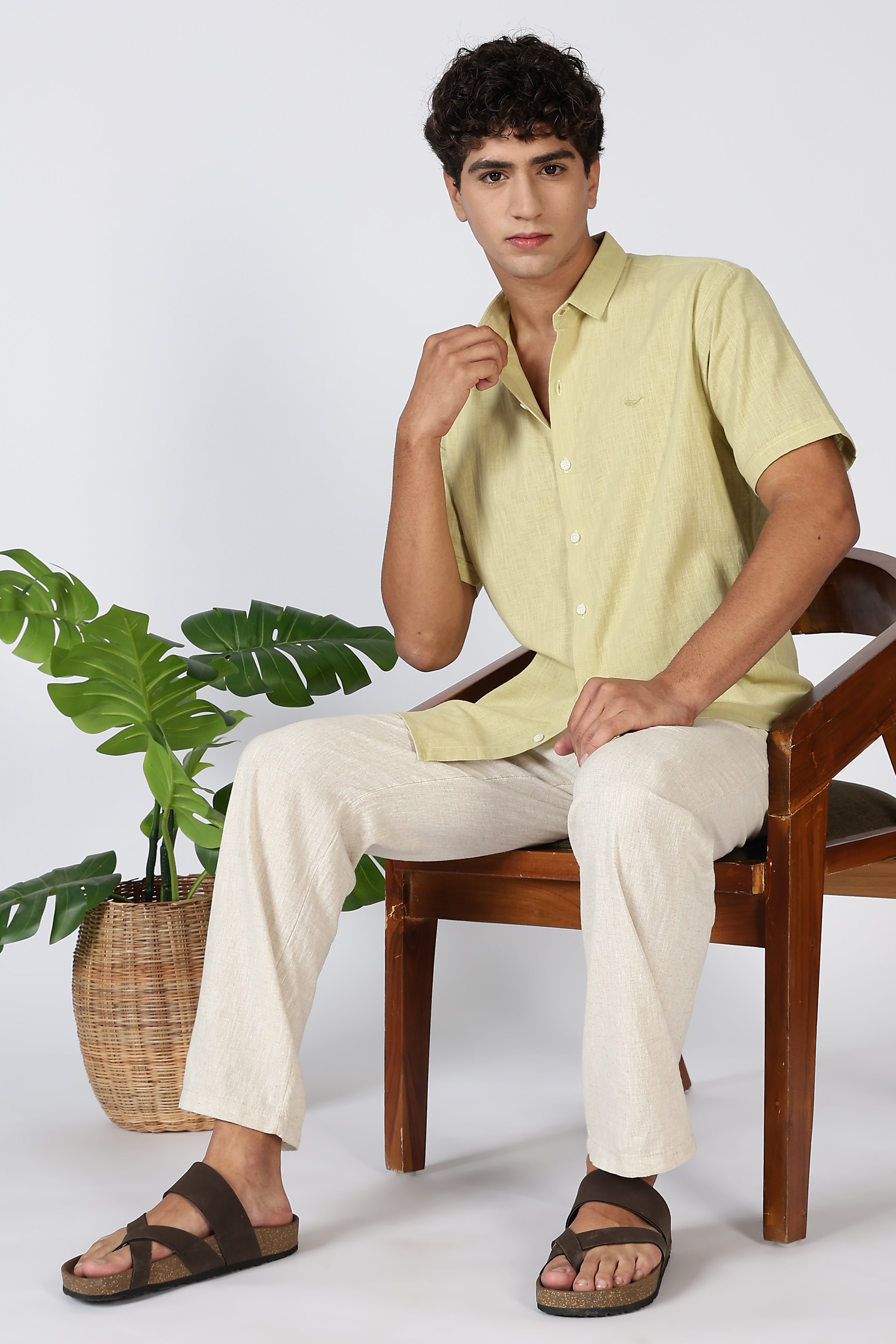 Coastal Drift Cotton-Linen Regular Fit Yellow Shirt