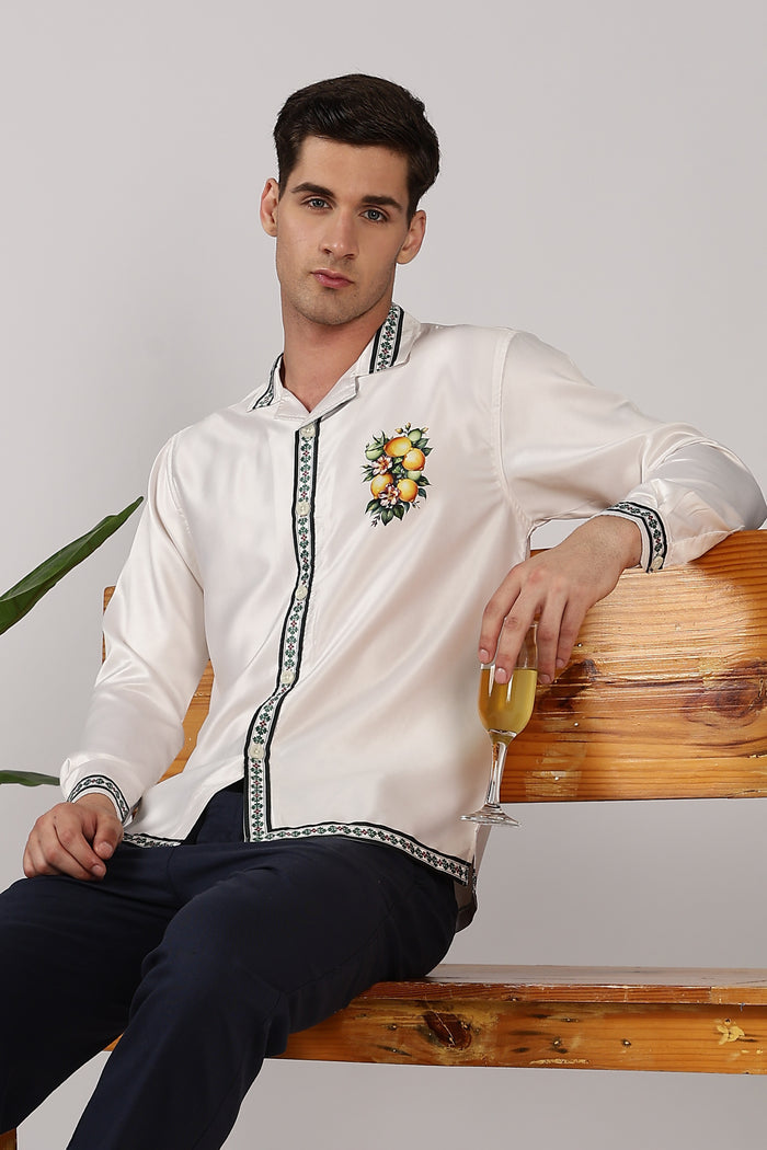 Citrus Grove Satin Box Fit Off White Printed Shirt