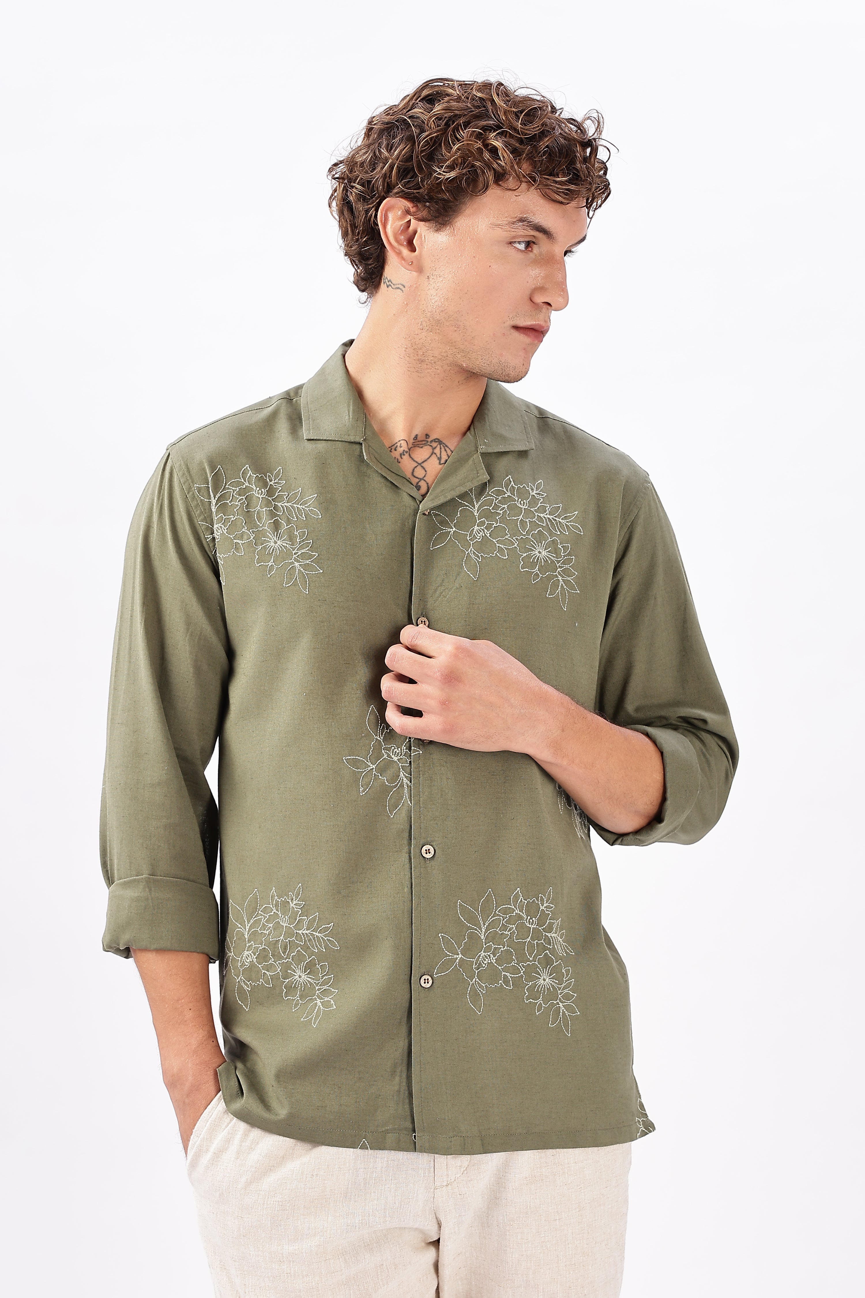 Nuuk Green Cuban Collar Floral Embroidery Shirt