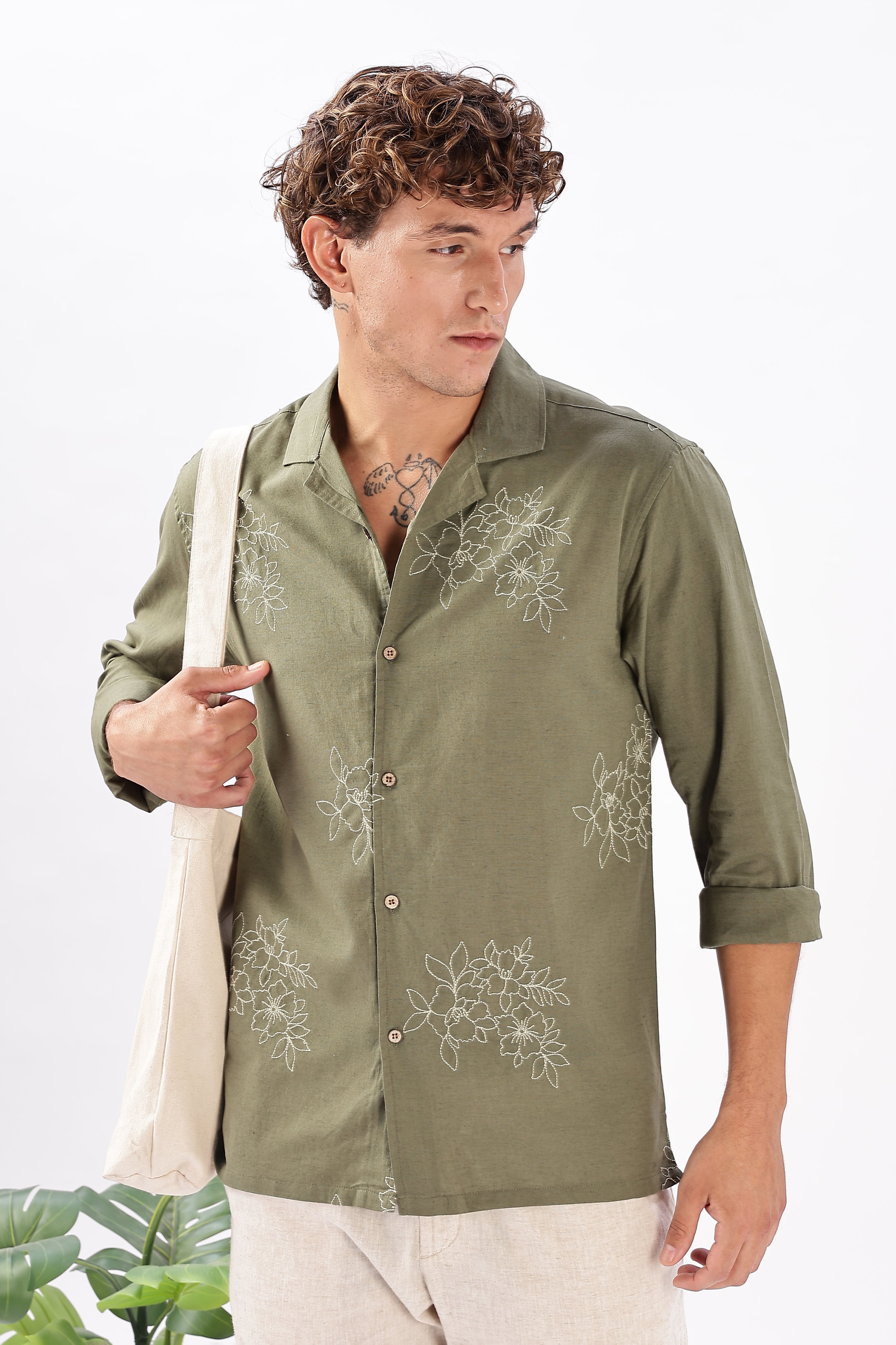 Nuuk Green Cuban Collar Floral Embroidery Shirt