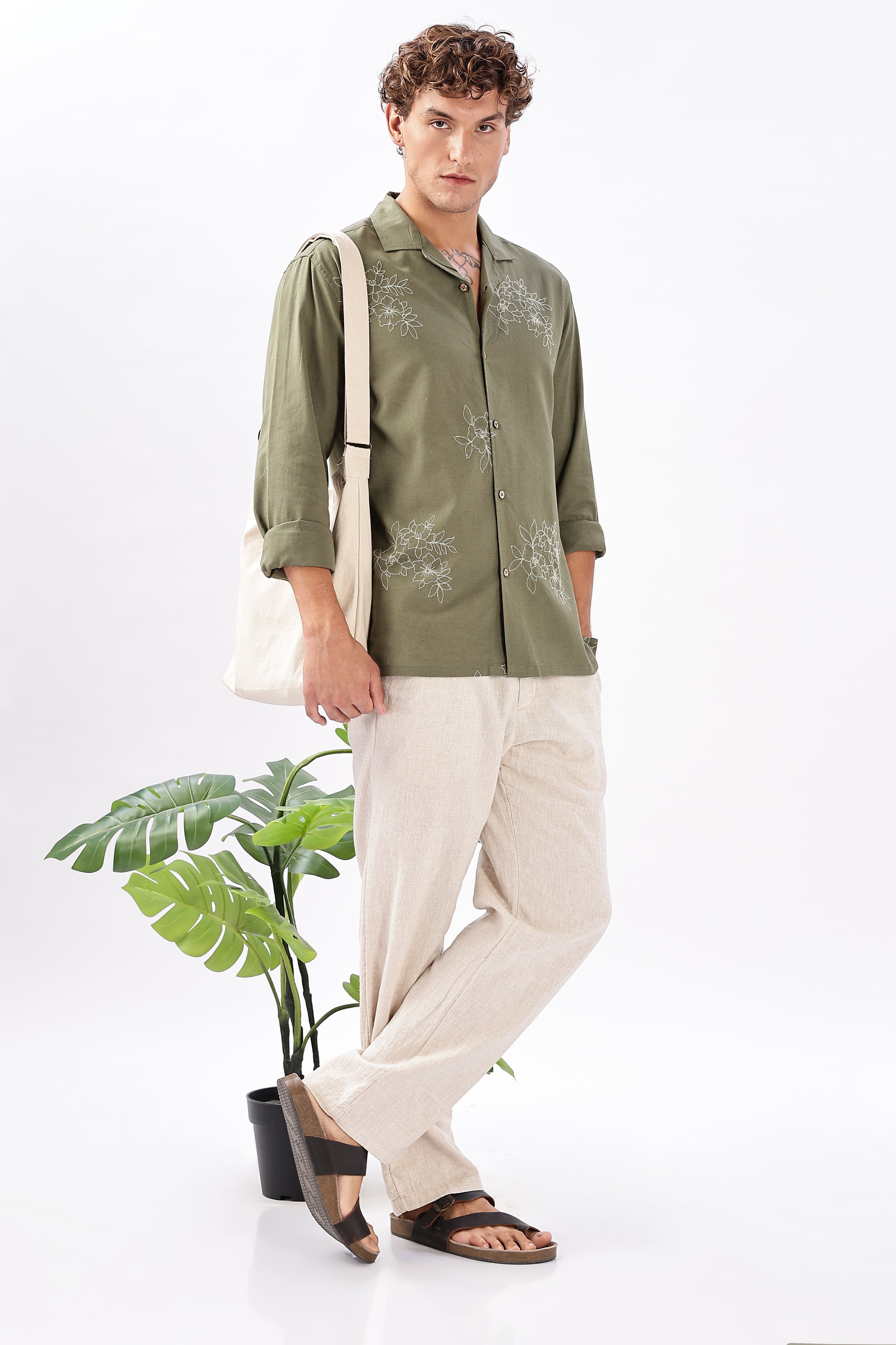 Nuuk Green Cuban Collar Floral Embroidery Shirt