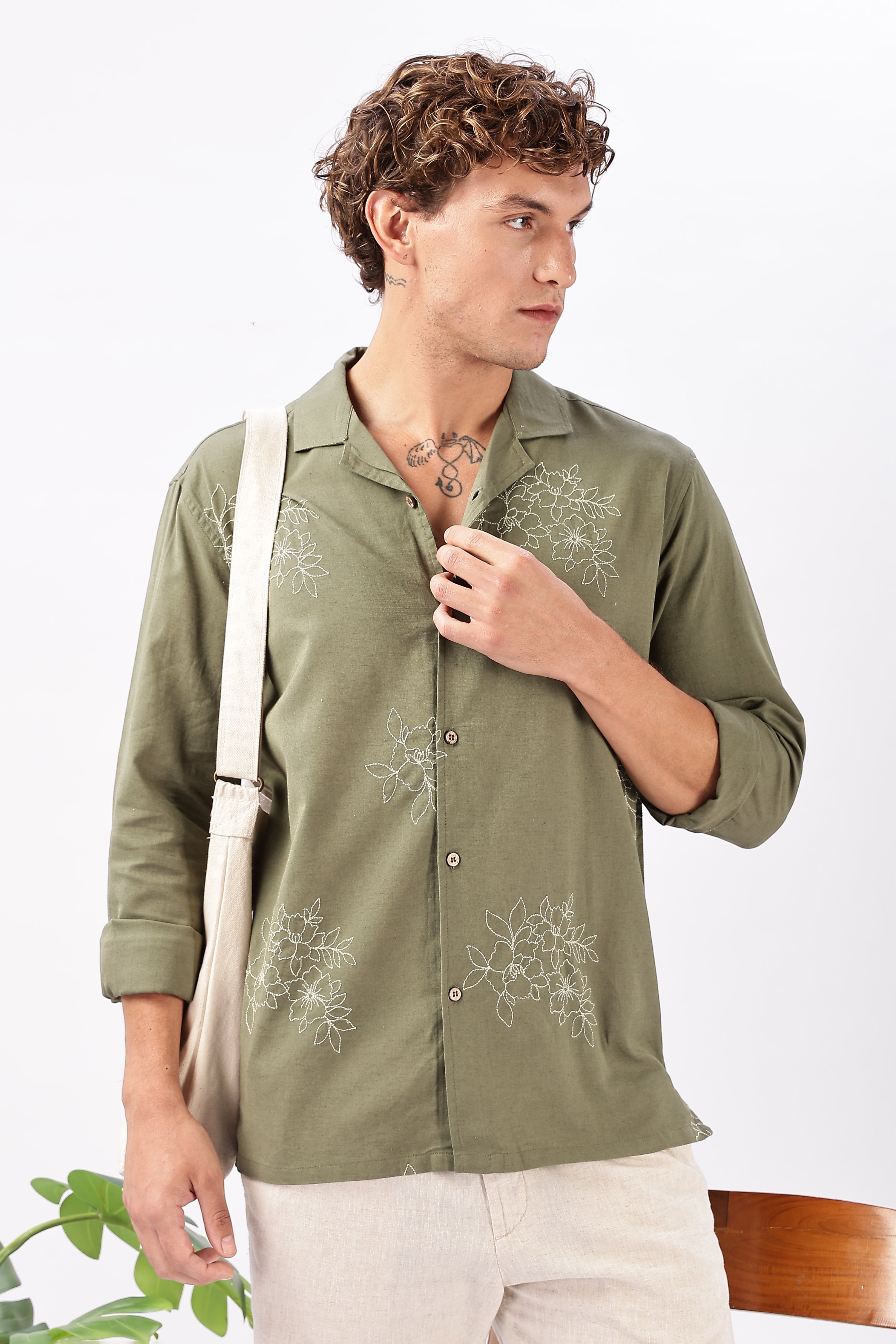 Nuuk Green Cuban Collar Floral Embroidery Shirt
