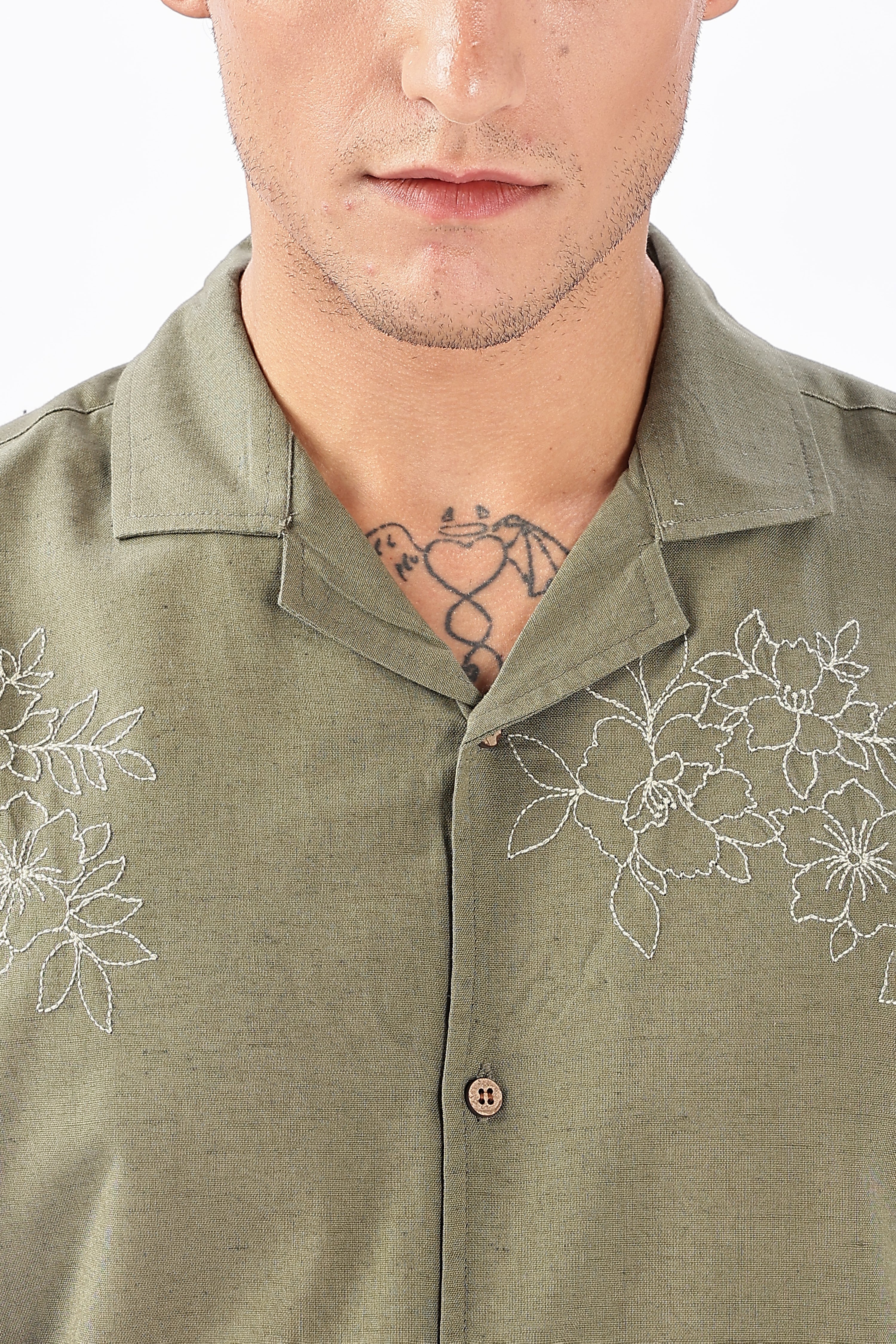 Nuuk Green Cuban Collar Floral Embroidery Shirt