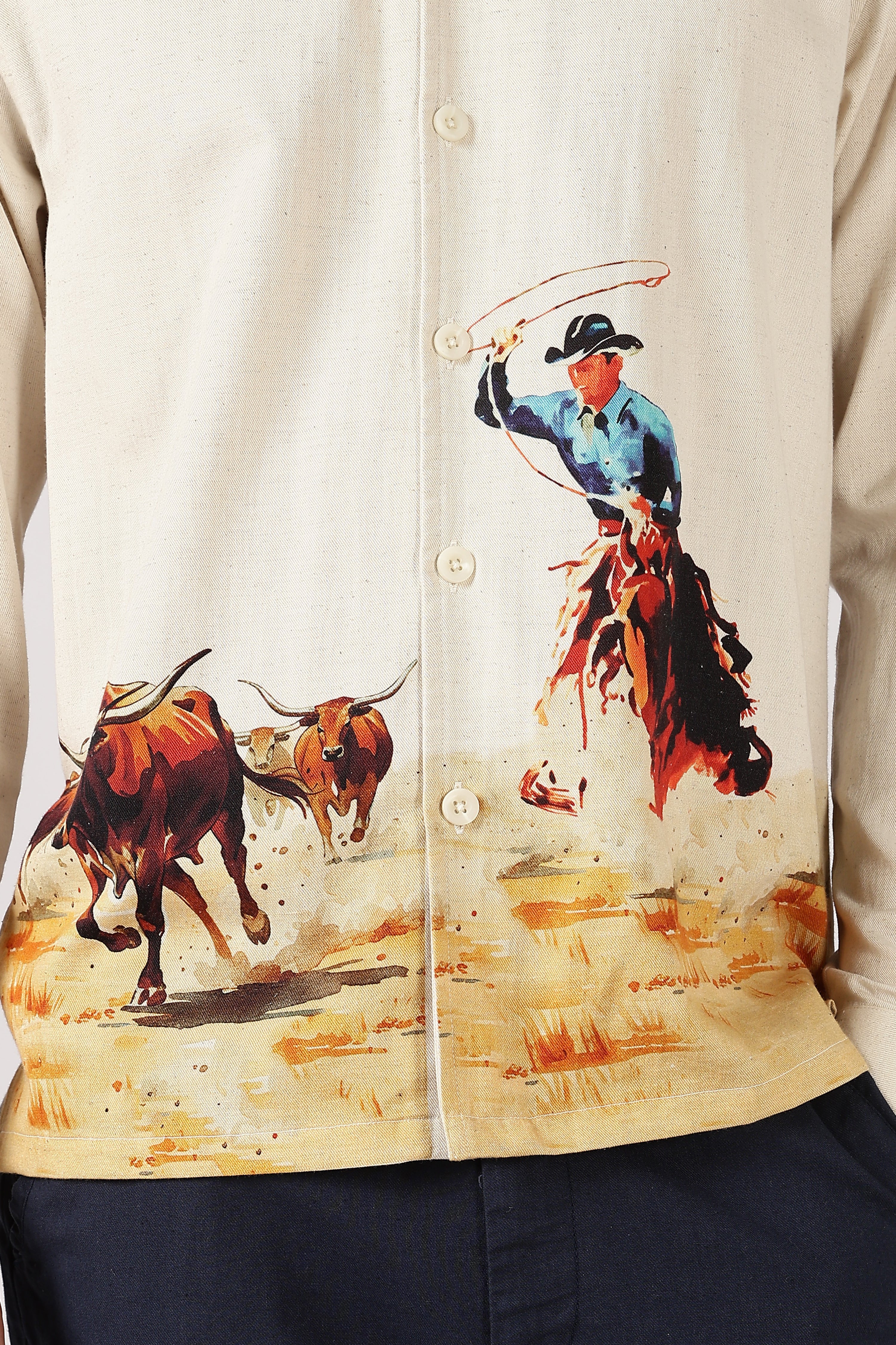 Rodeo Trail Cotton Box Fit Beige Print Shirt