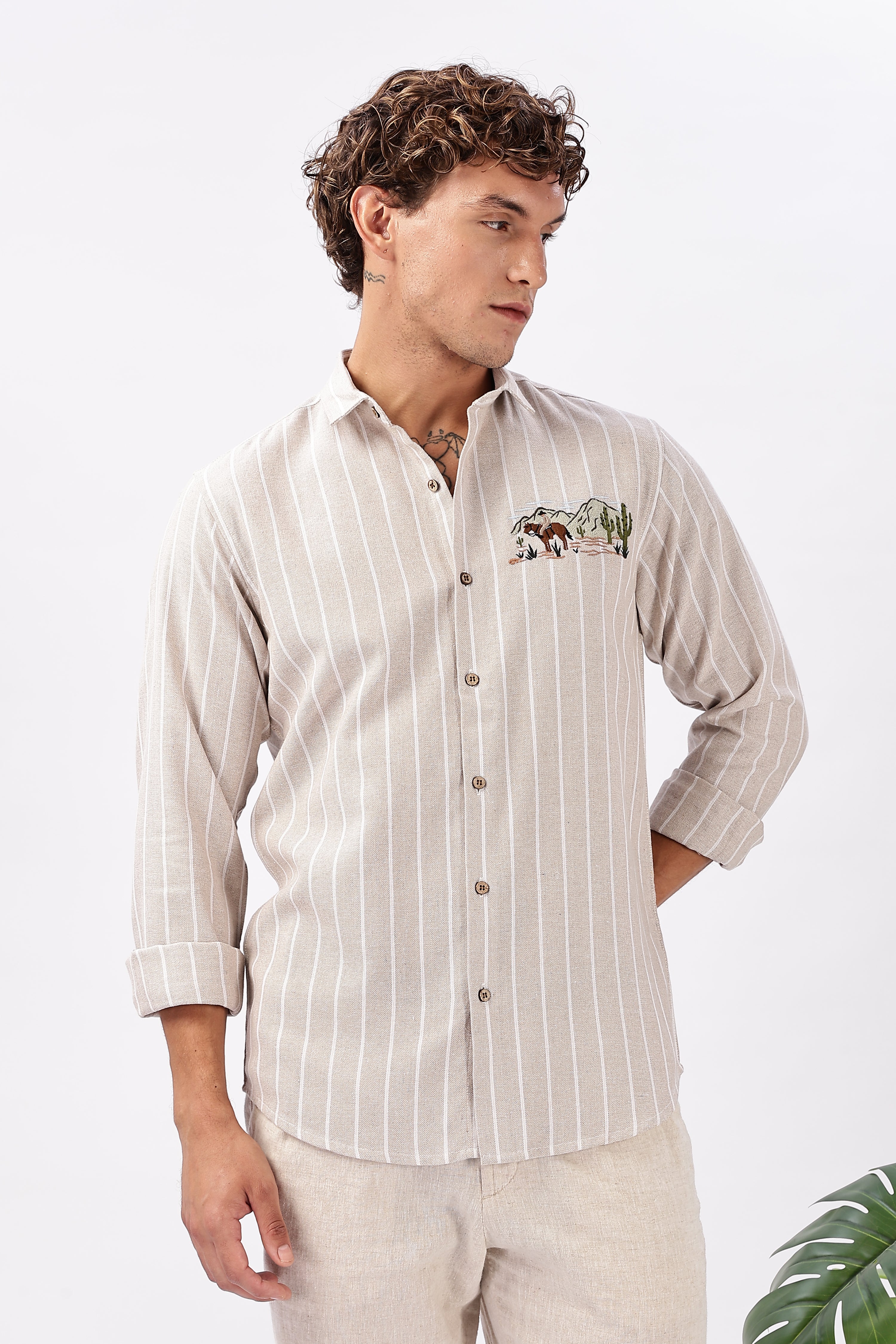 Desert Drift Embroidered Beige Stripe Shirt
