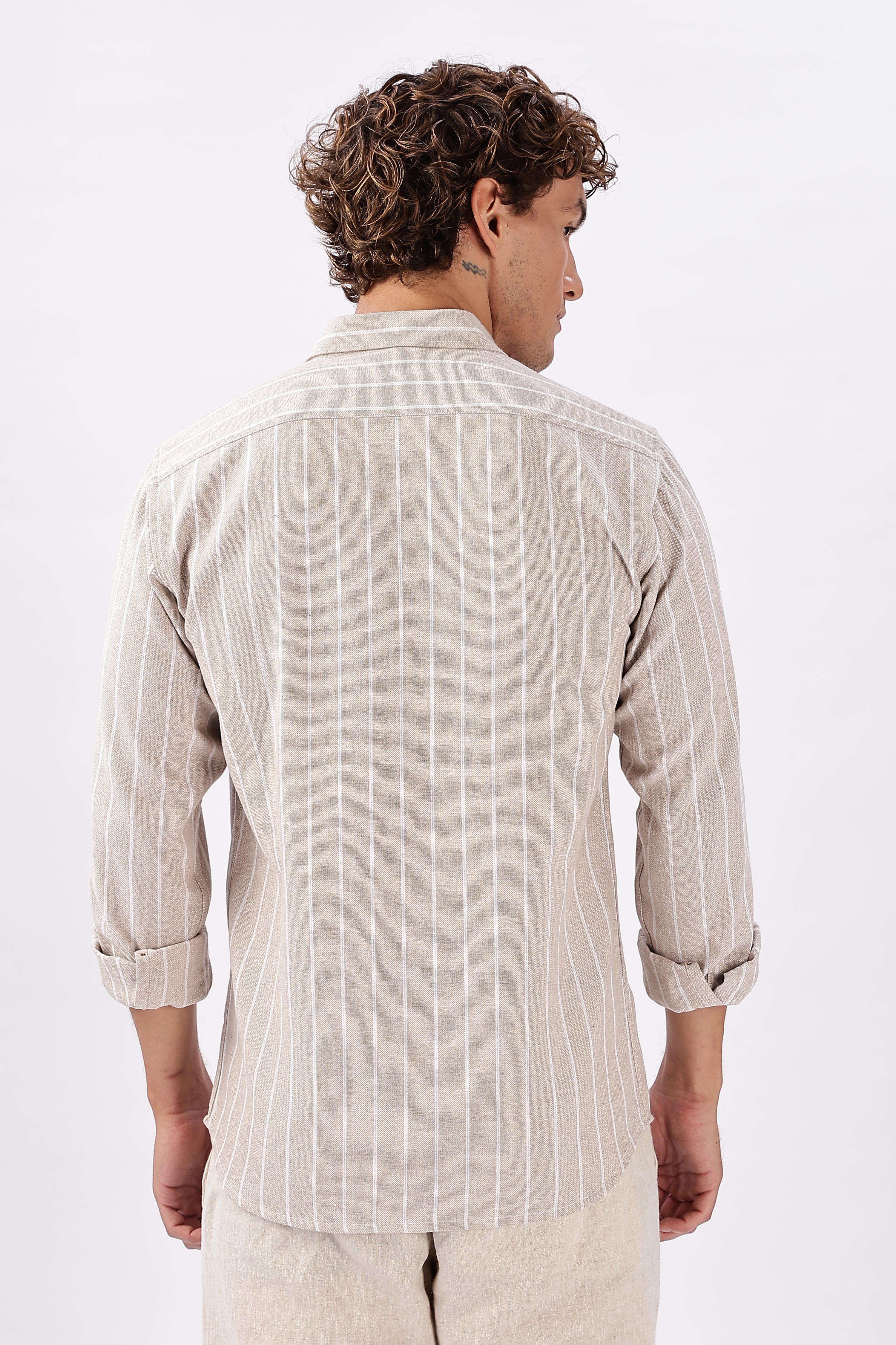 Desert Drift Cotton Regular Fit Beige Striped Shirt