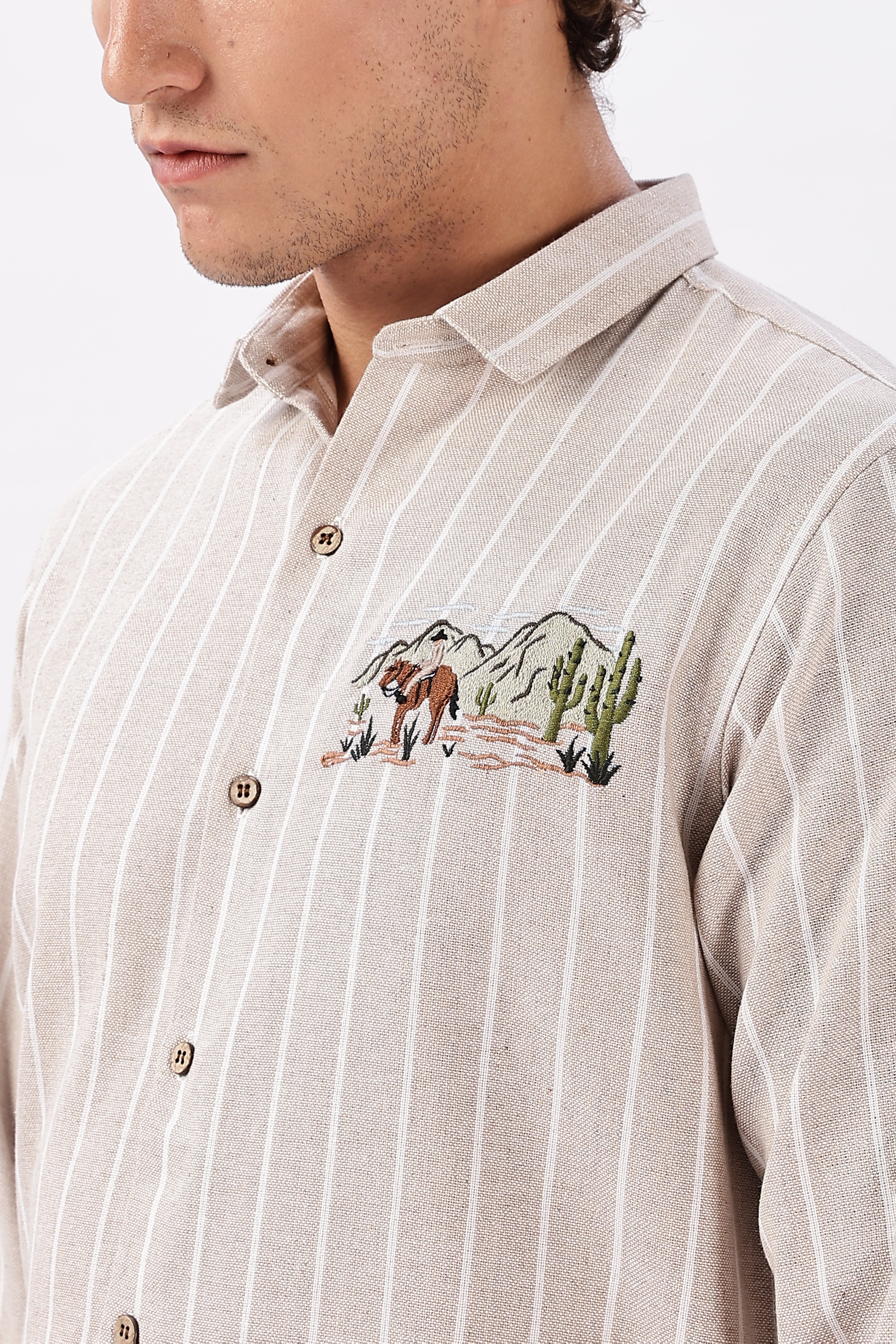 Desert Drift Cotton Regular Fit Beige Striped Shirt