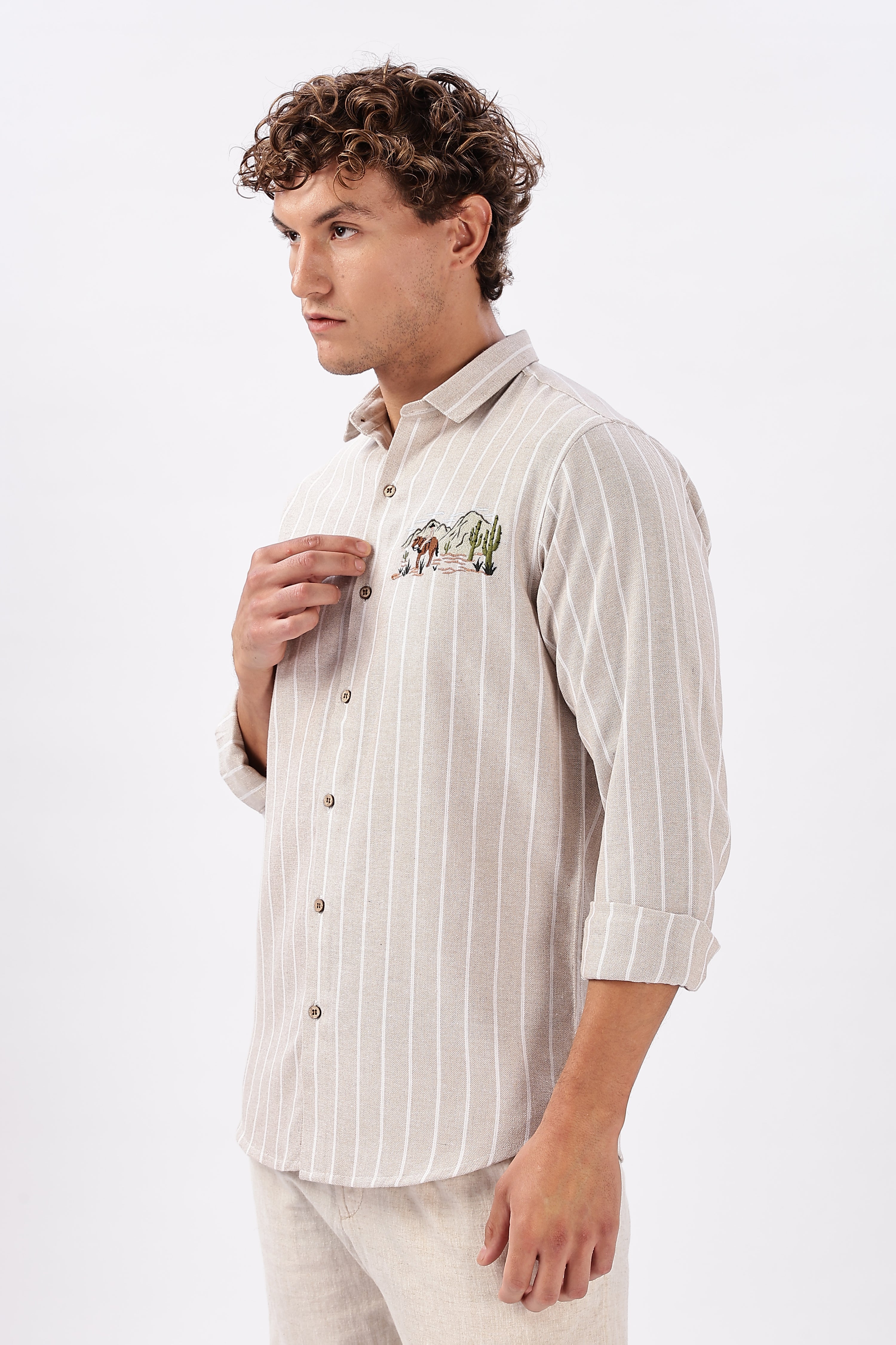 Desert Drift Cotton Regular Fit Beige Striped Shirt