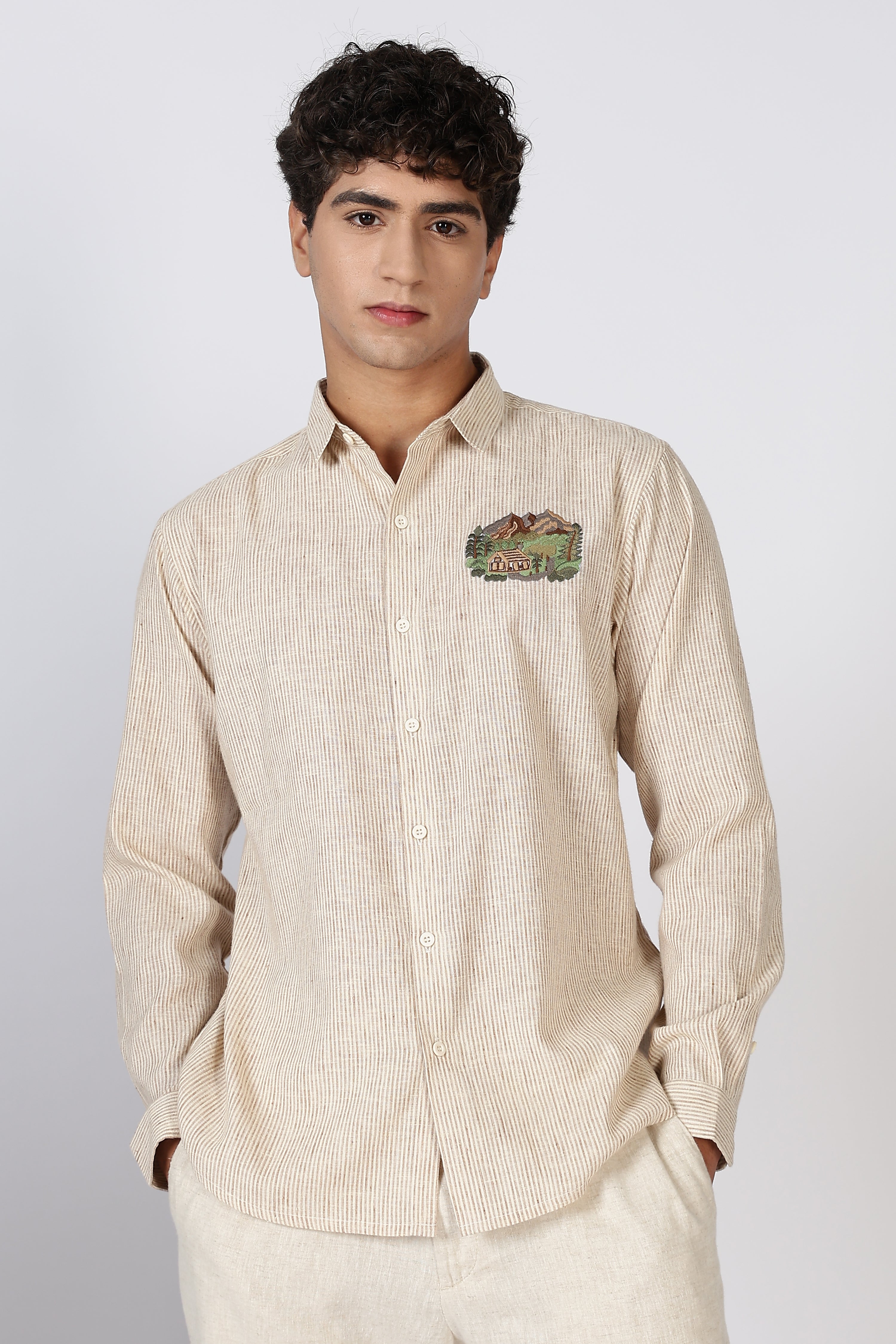 Rustic Haven Mountain Embroidered Striped Shirt
