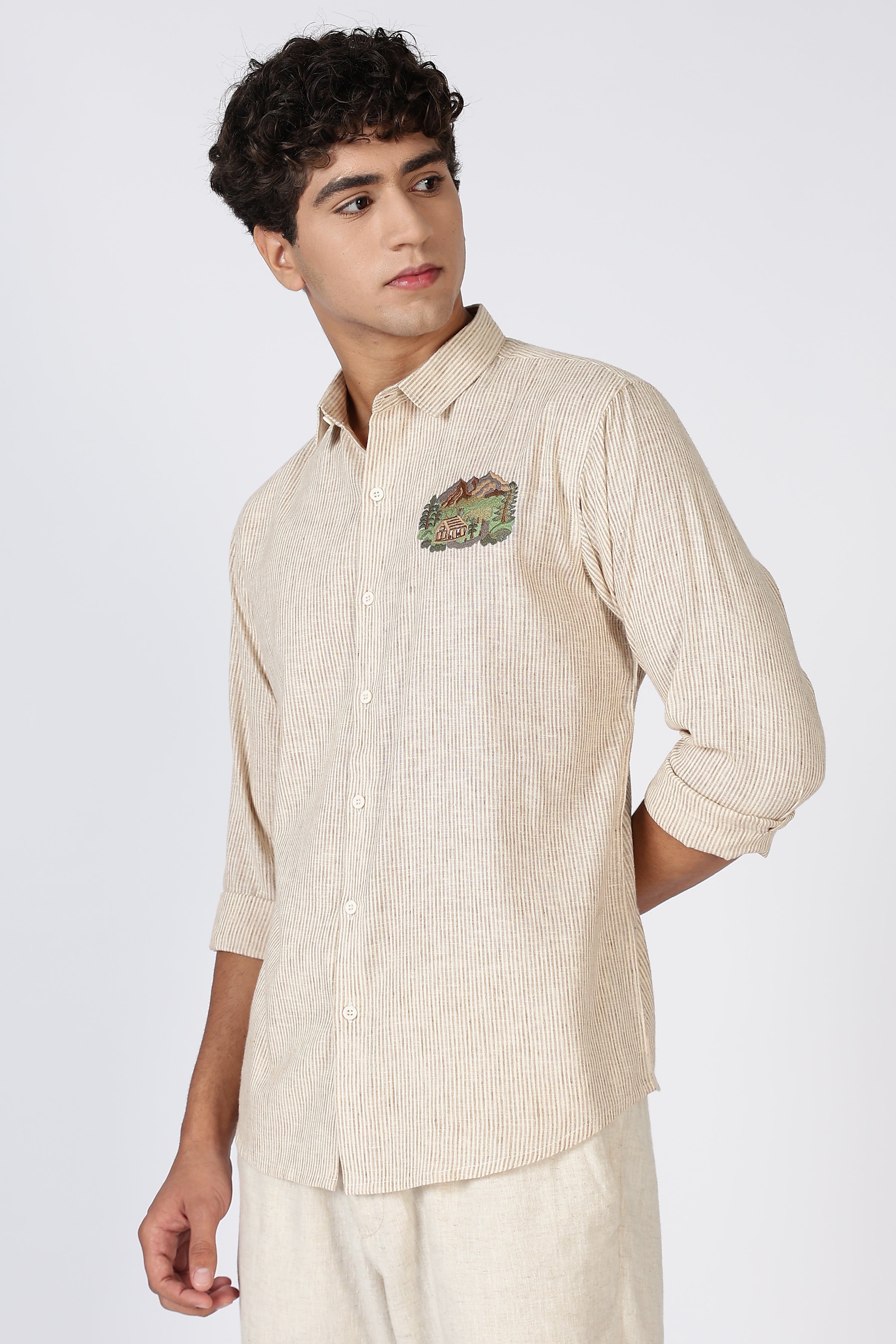 Rustic Haven Mountain Embroidered Striped Shirt