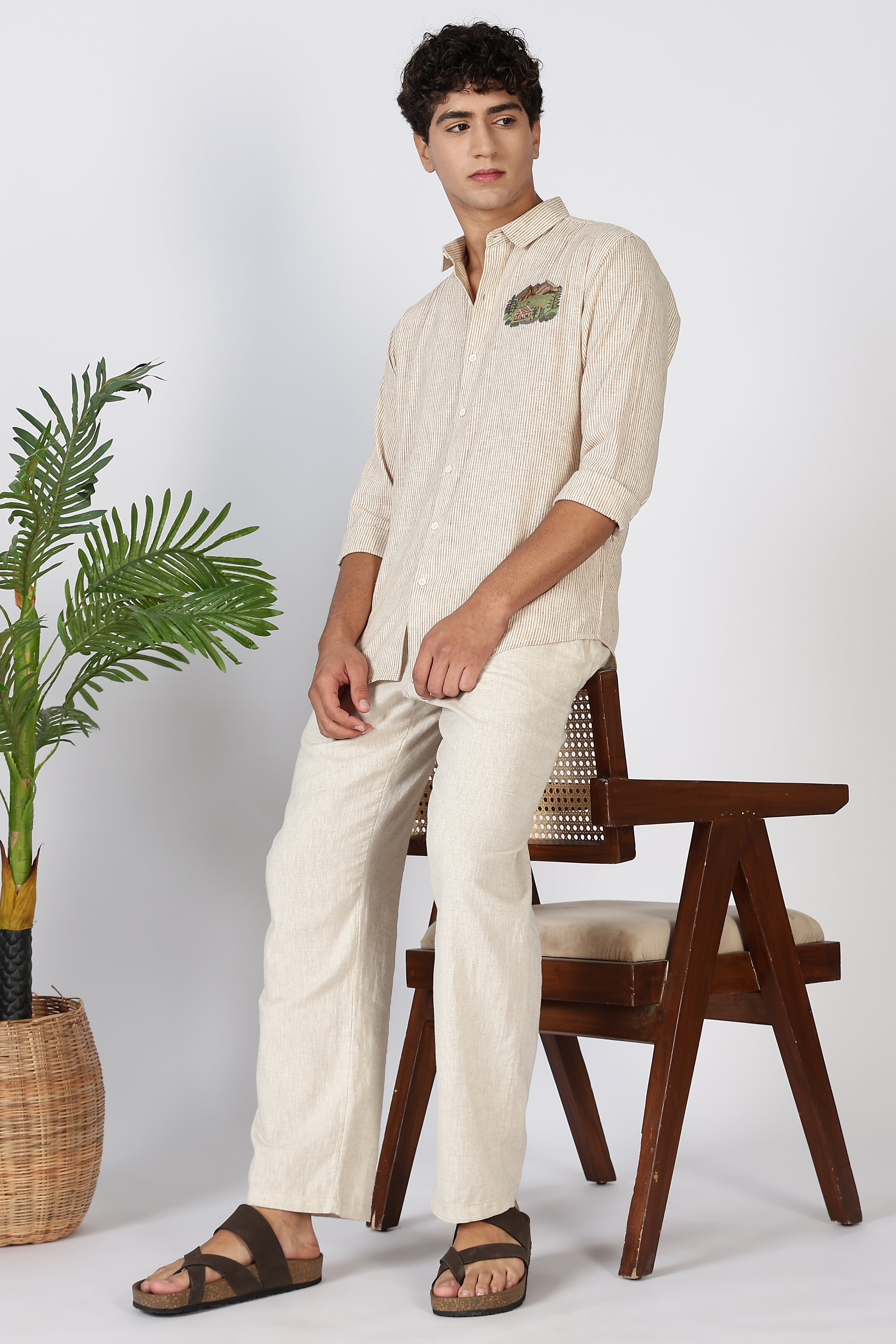 Rustic Haven Mountain Embroidered Striped Shirt