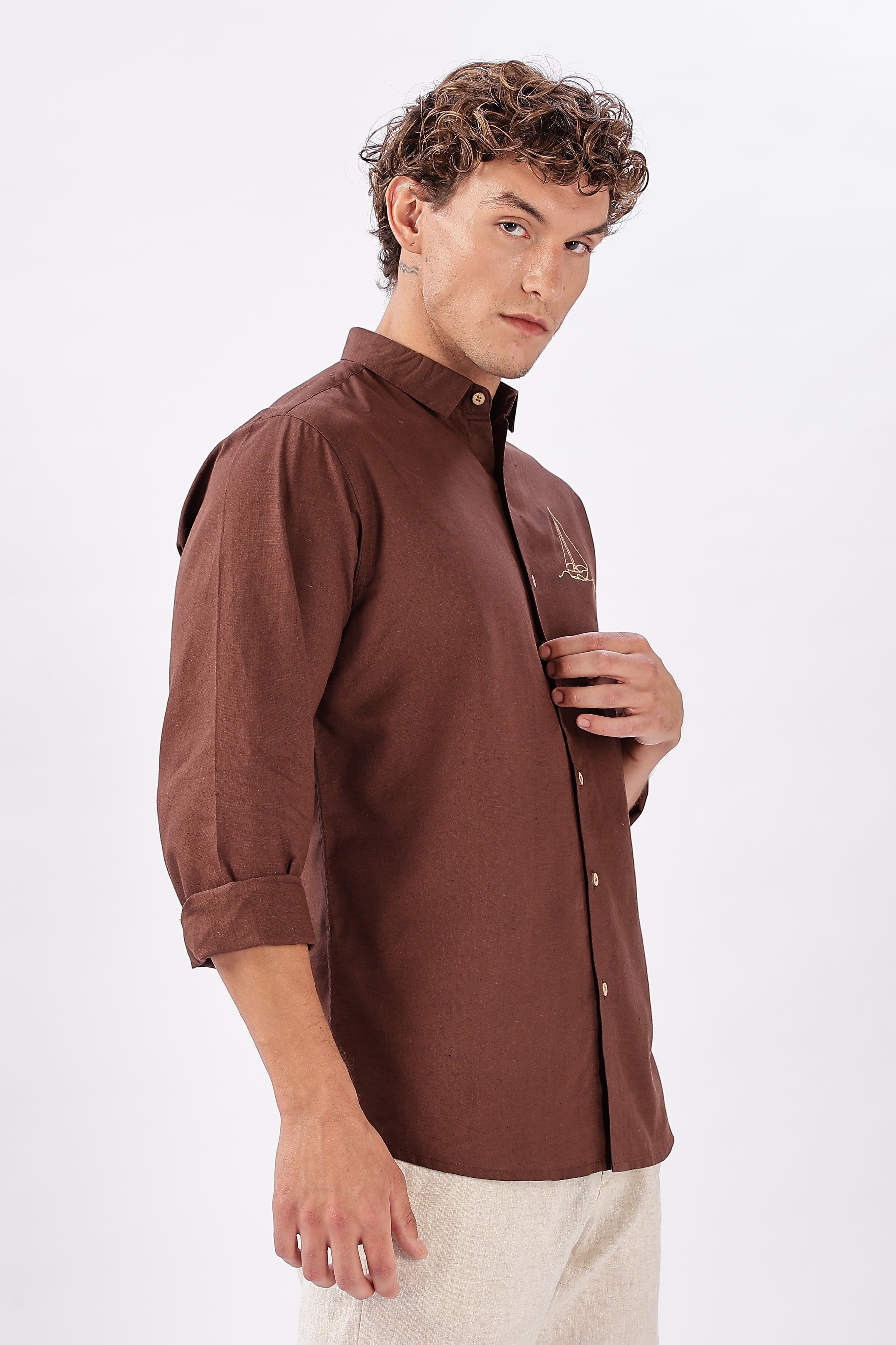 Baku Brown Classic Pirogue Embroidery Shirt