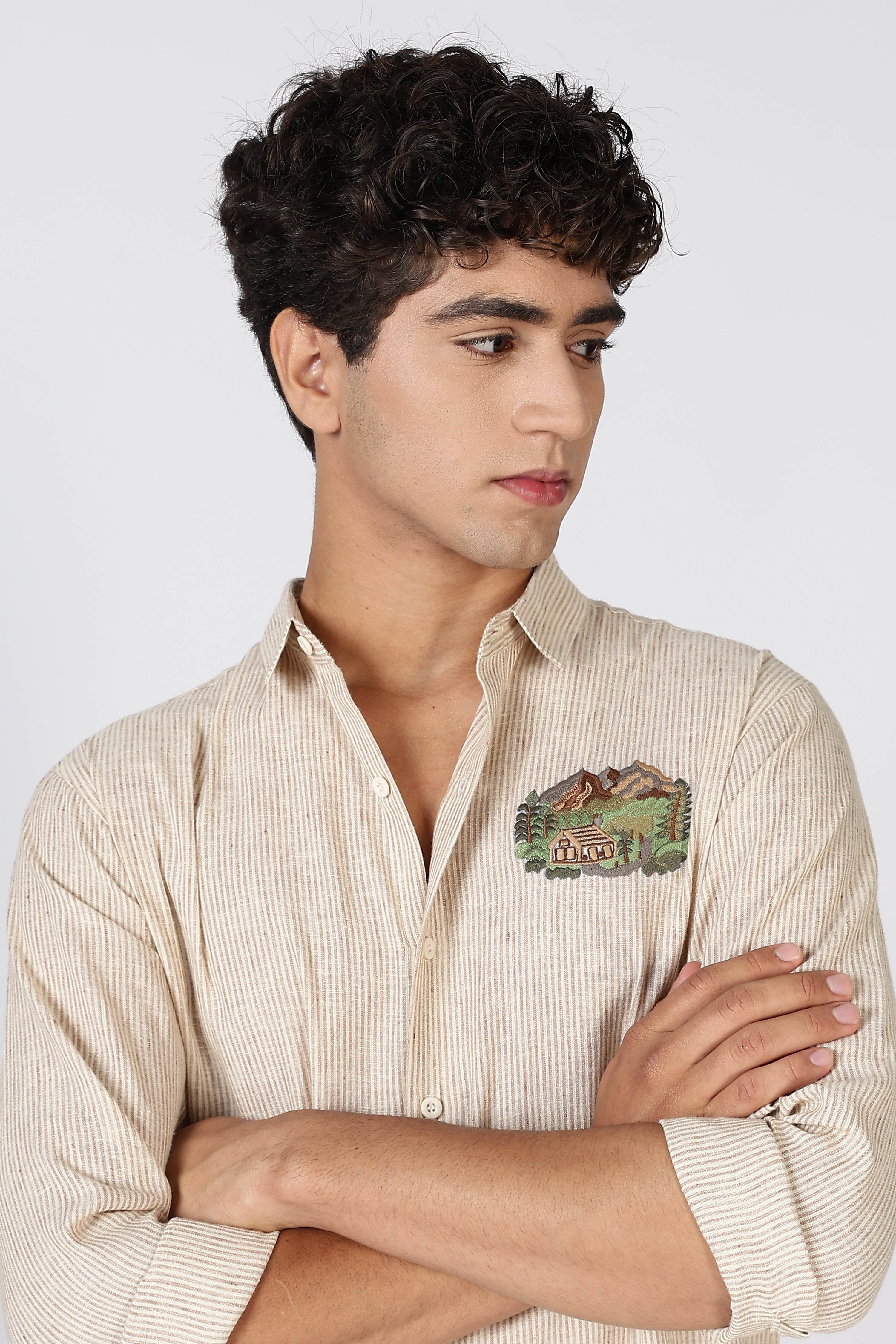 Rustic Haven Mountain Embroidered Striped Shirt