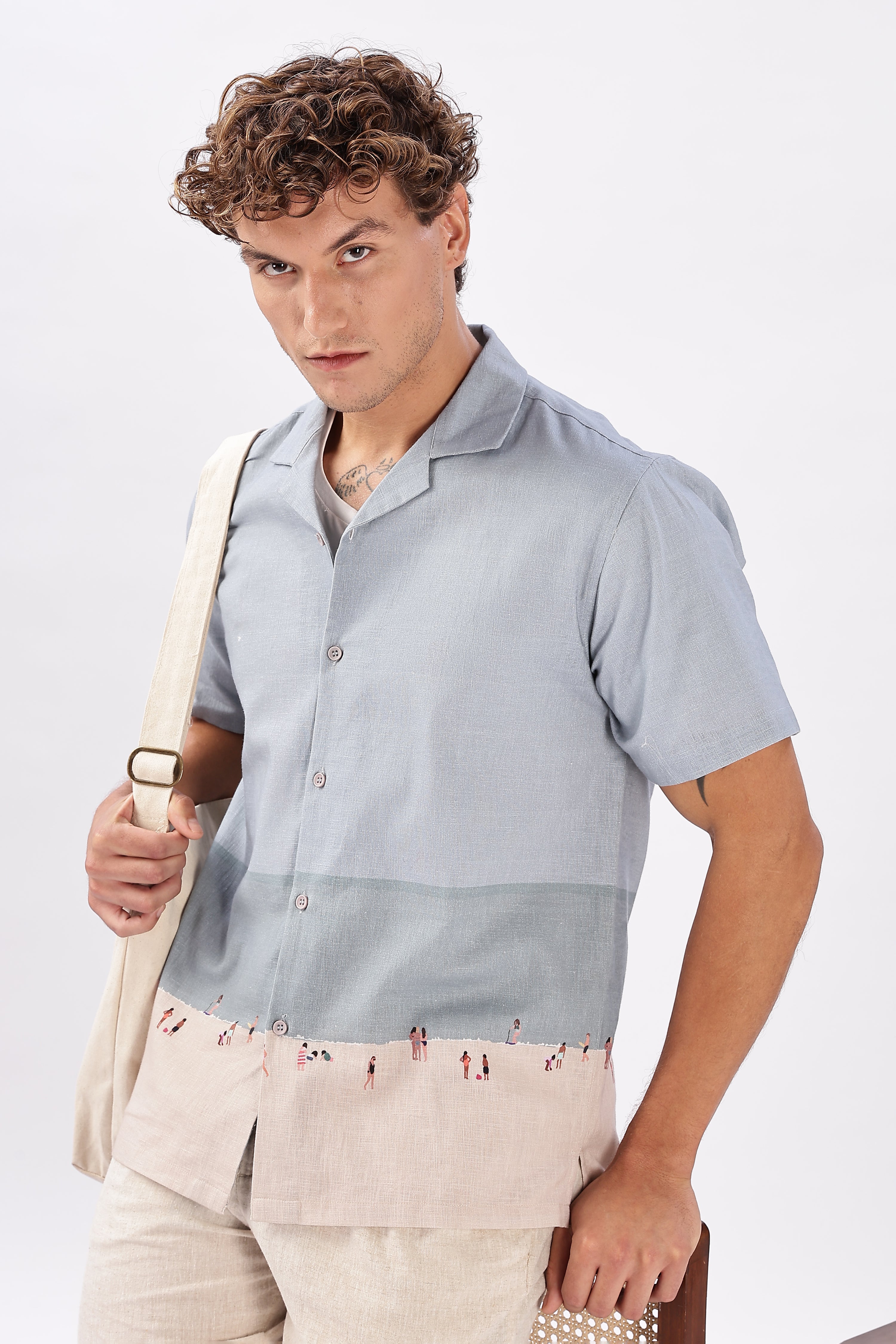 Shoreline Stroll Cotton Box Fit Sky Blue Printed Shirt