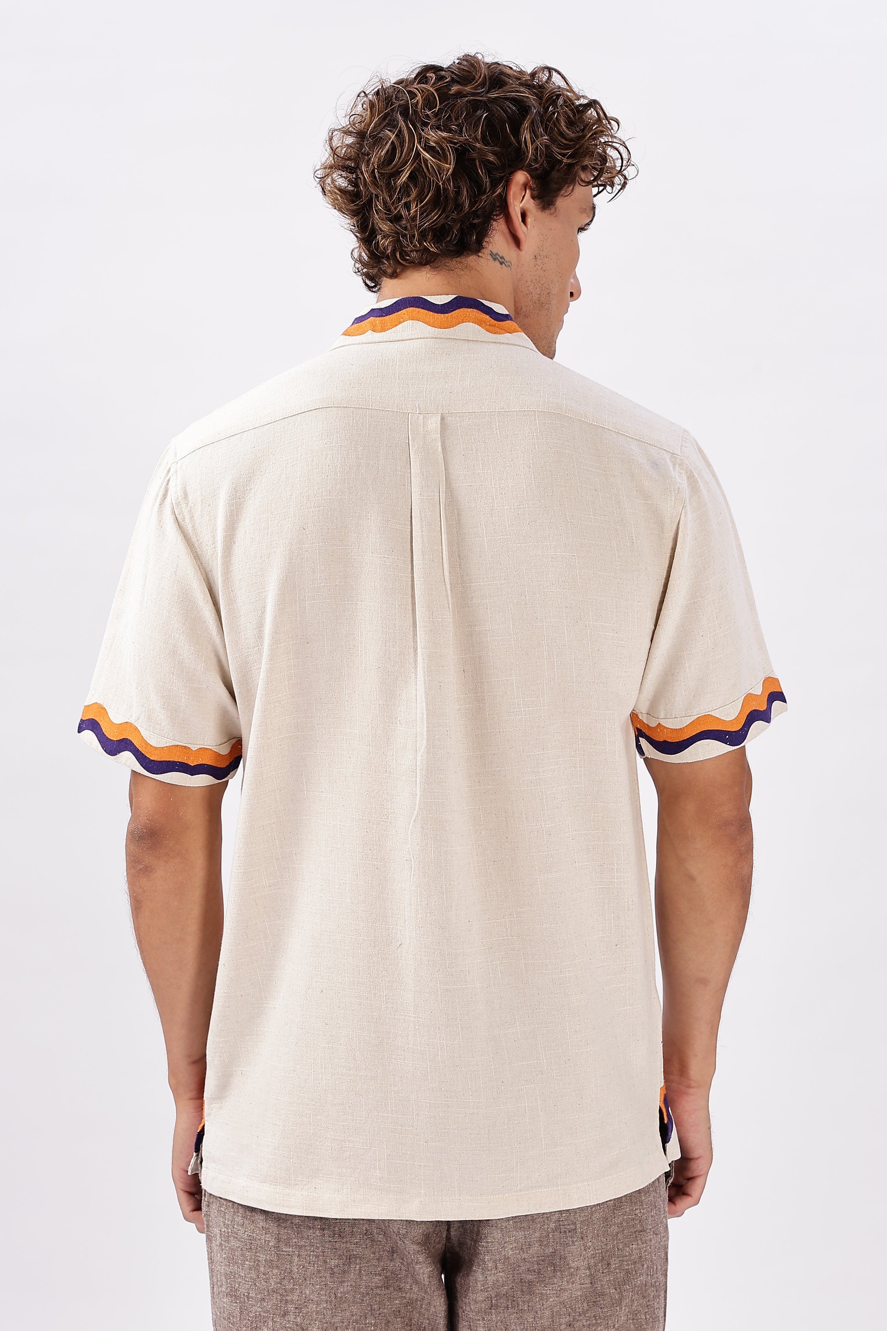 Retro Cuban Collar Shirt with Tangerine & Violet Waves