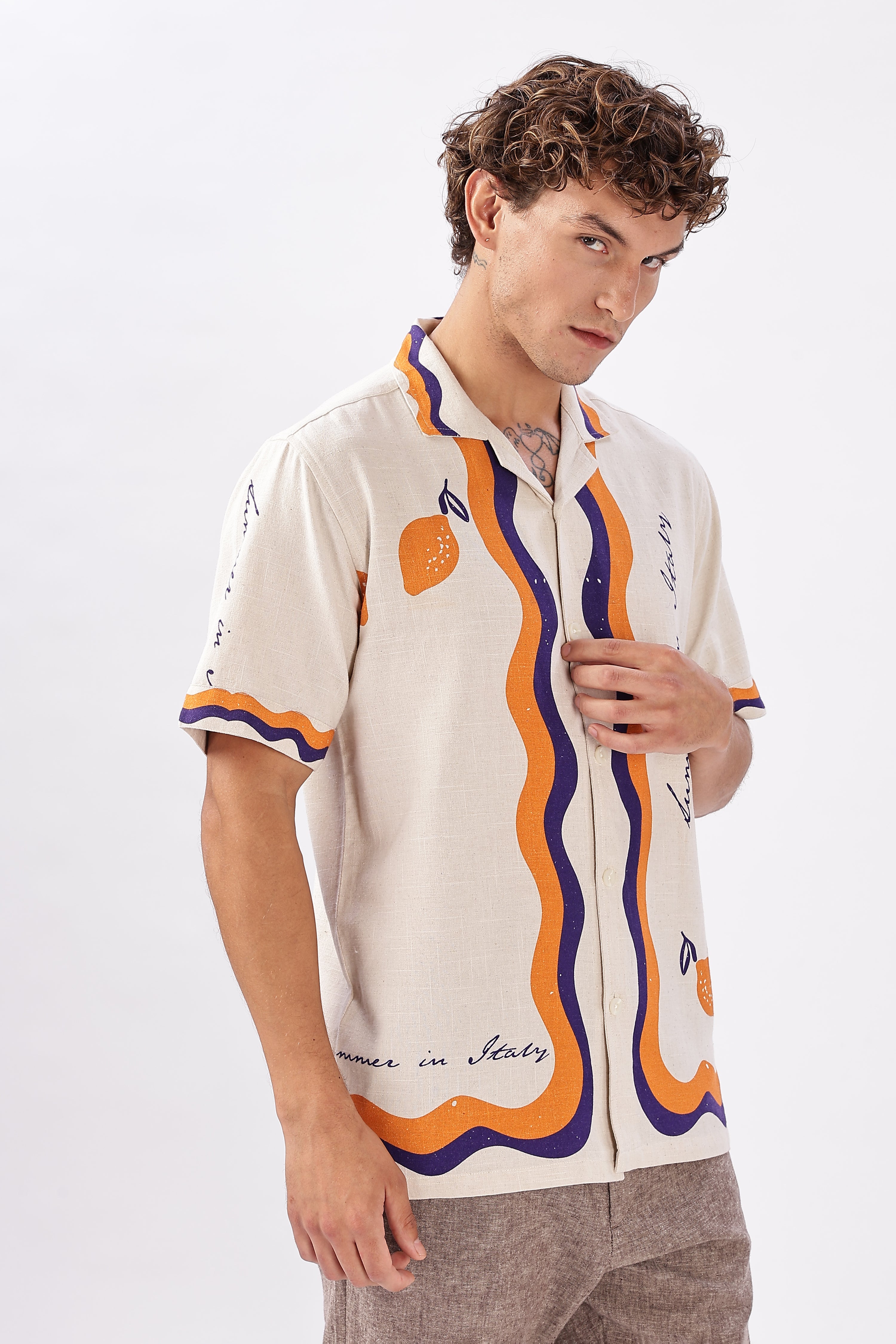 Retro Cuban Collar Shirt with Tangerine & Violet Waves