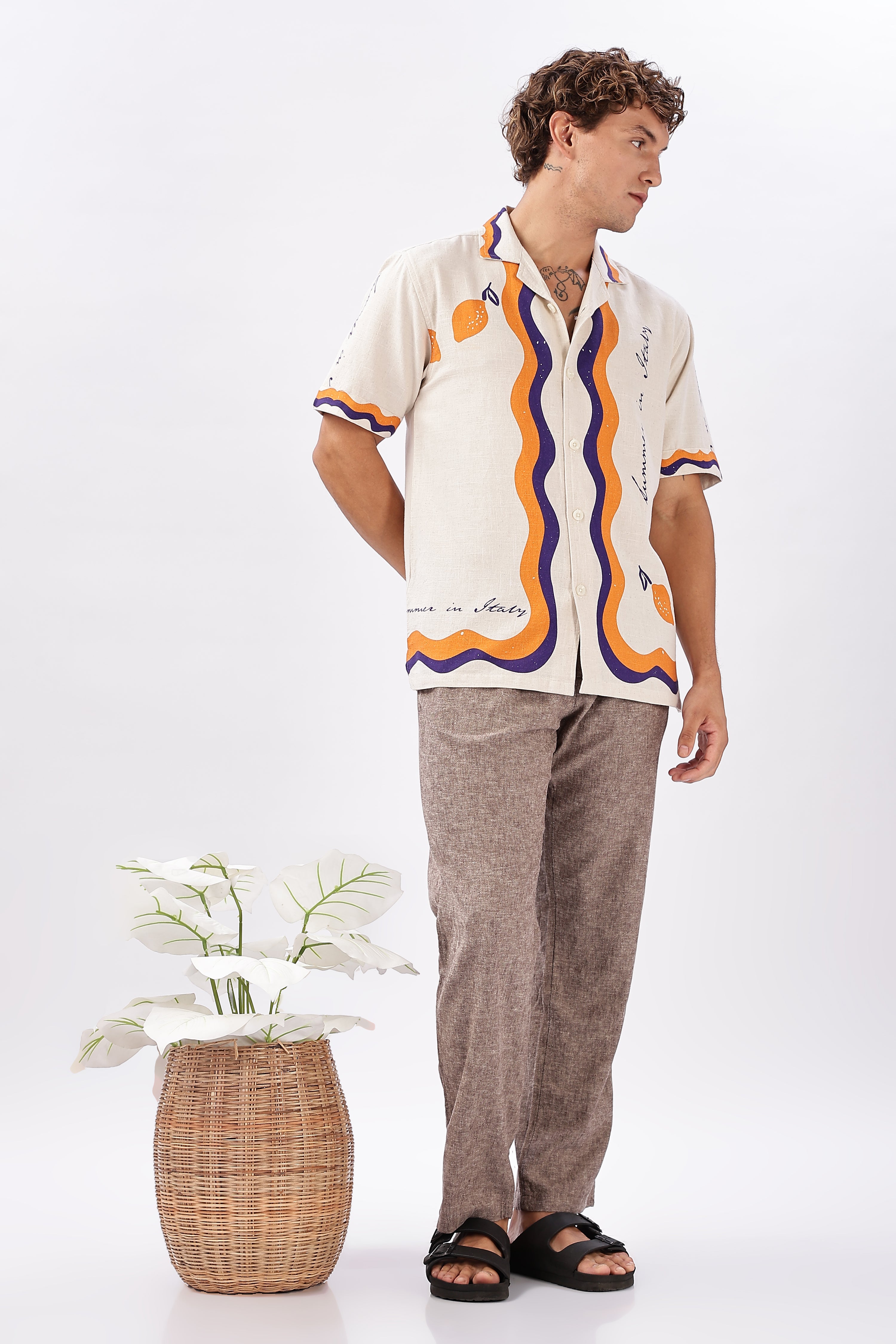 Retro Cuban Collar Shirt with Tangerine & Violet Waves