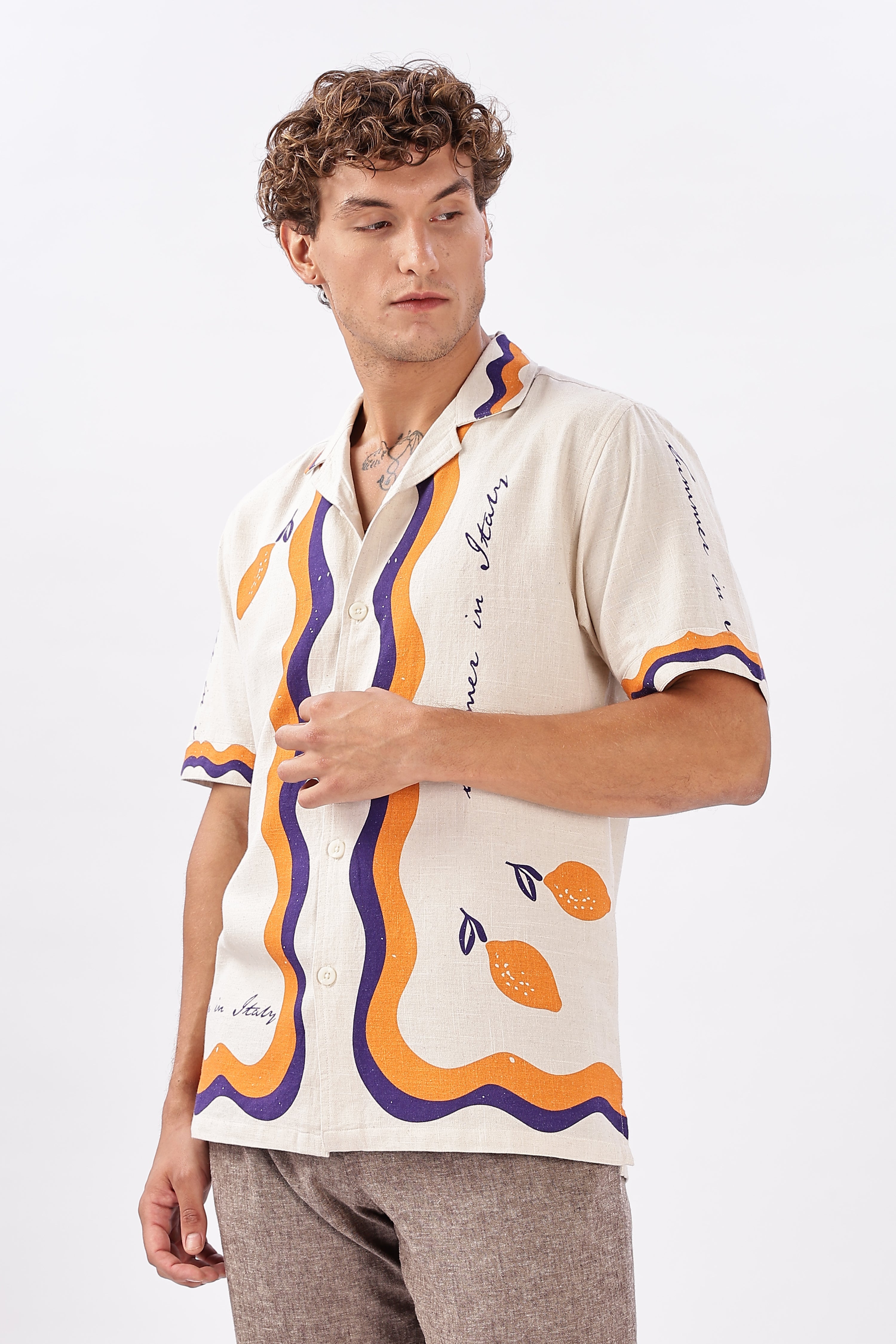 Retro Cuban Collar Shirt with Tangerine & Violet Waves