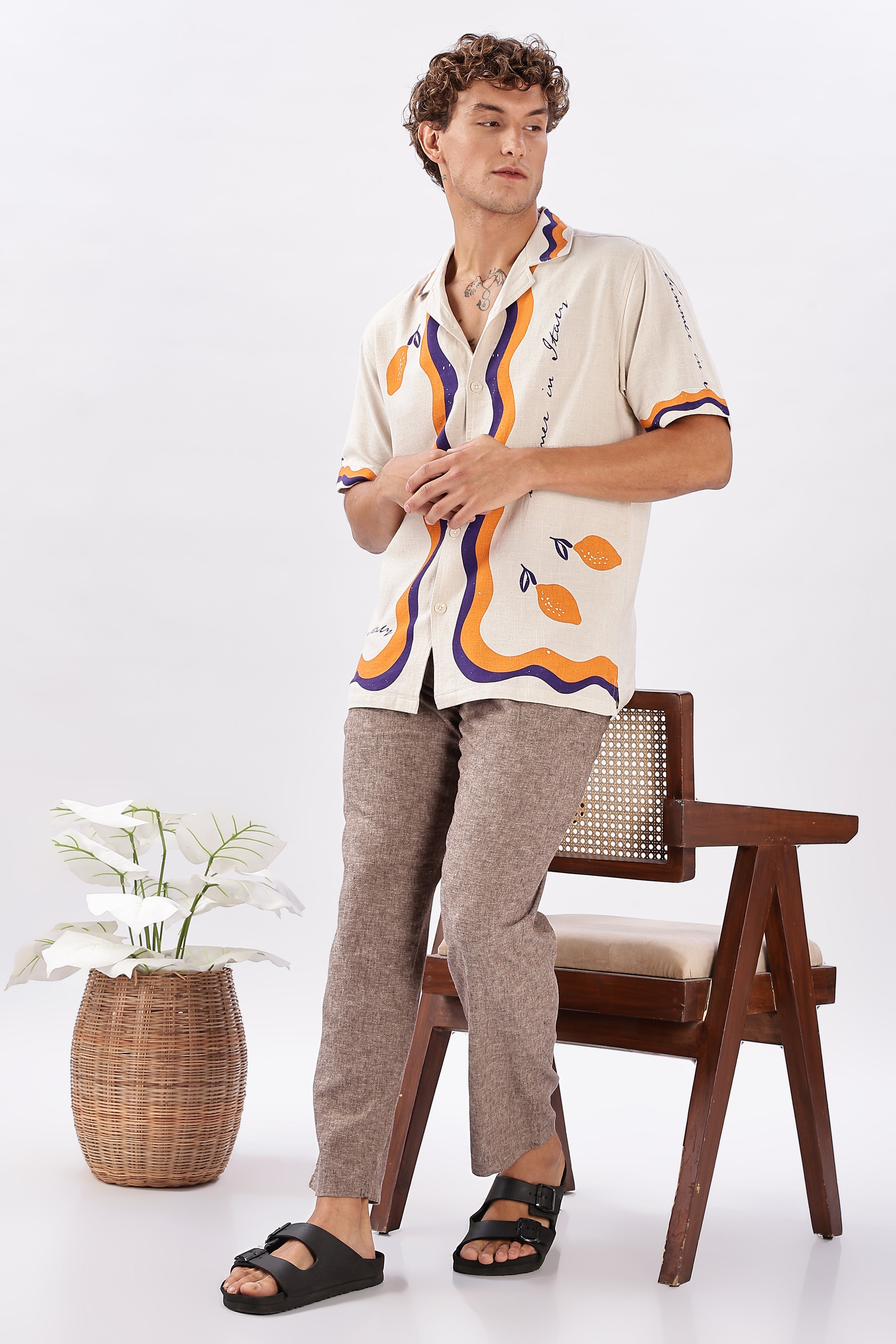 Retro Cuban Collar Shirt with Tangerine & Violet Waves