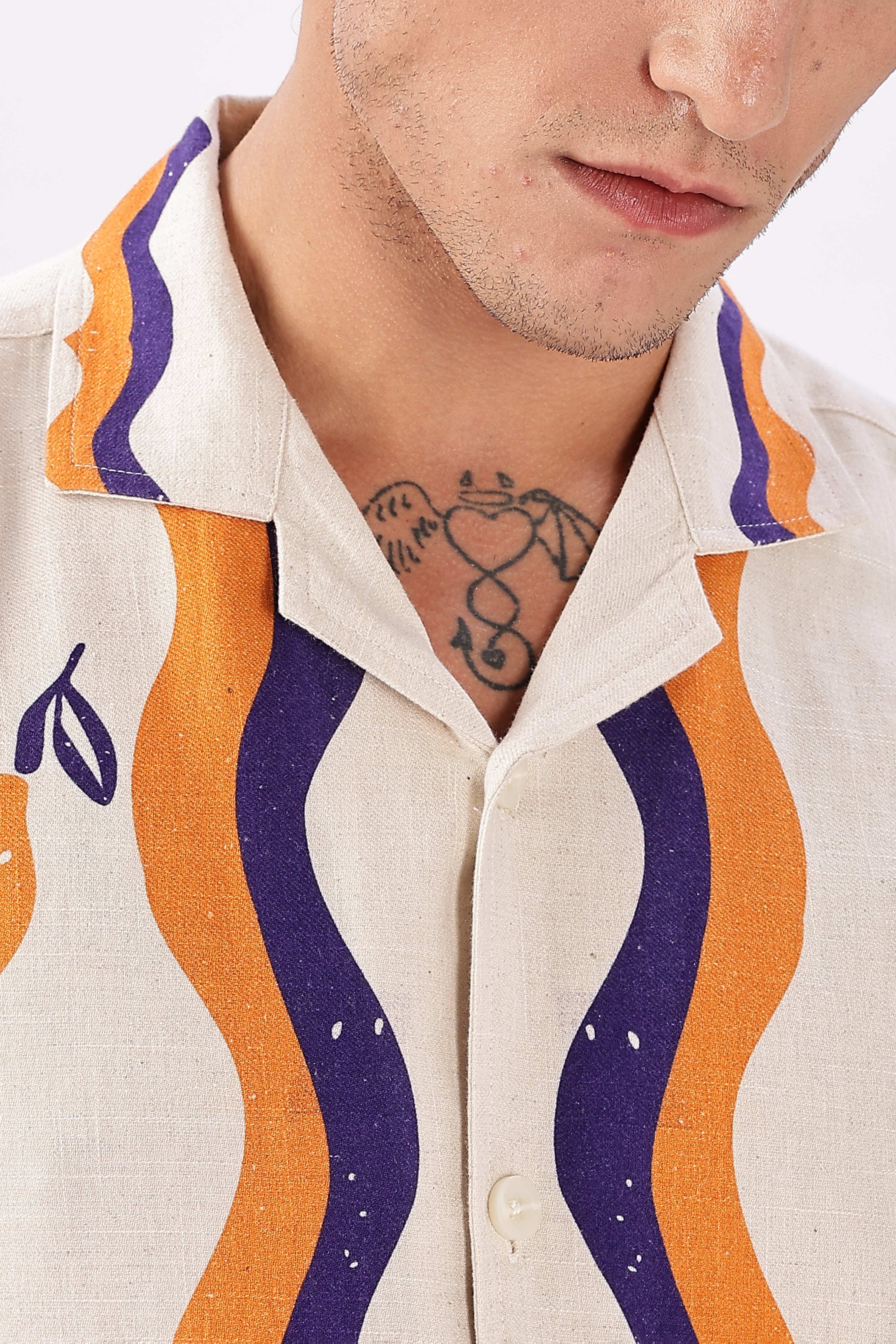 Retro Cuban Collar Shirt with Tangerine & Violet Waves