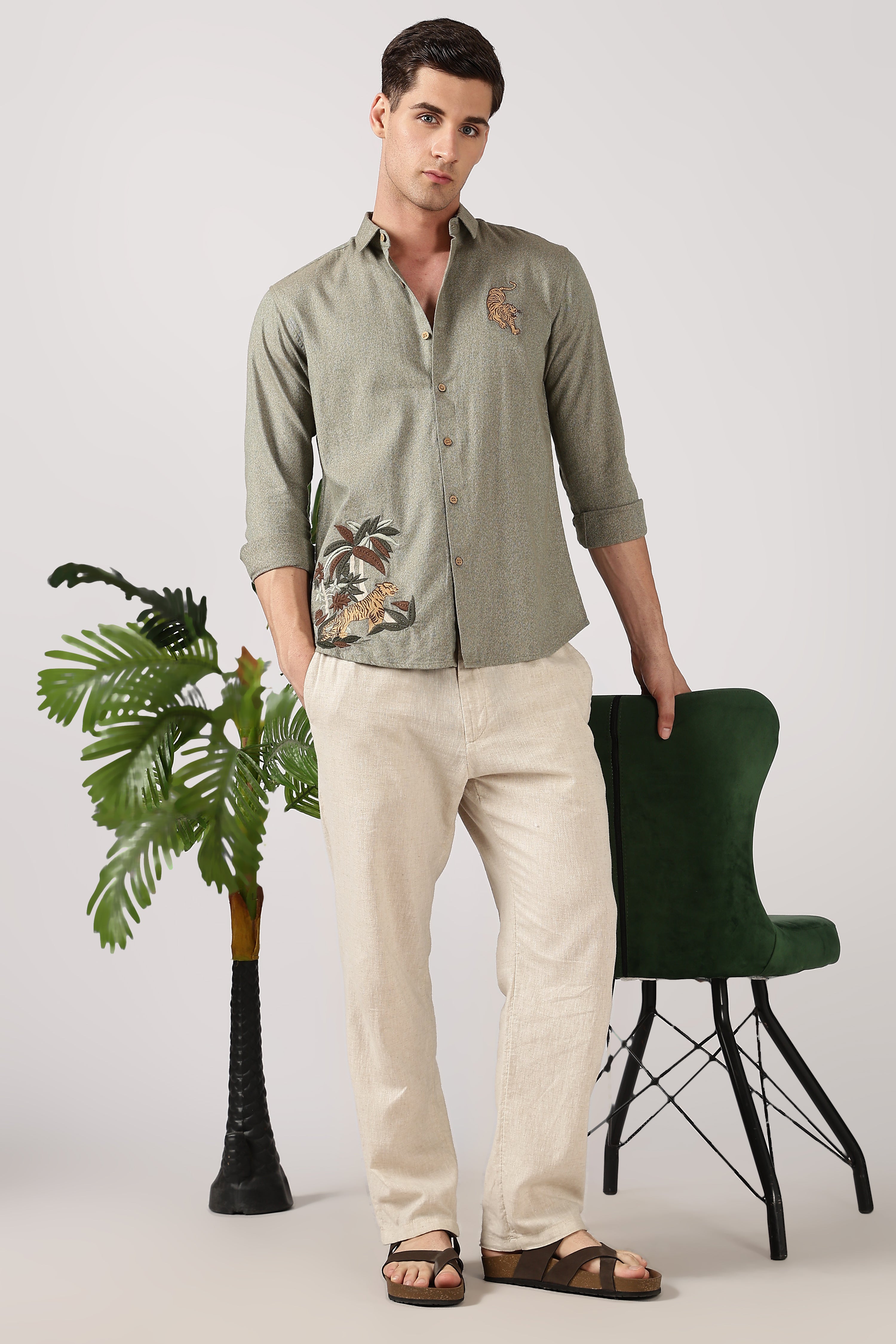 Jungle Roar Cotton Regular Fit Sage Green Embroidered Shirt