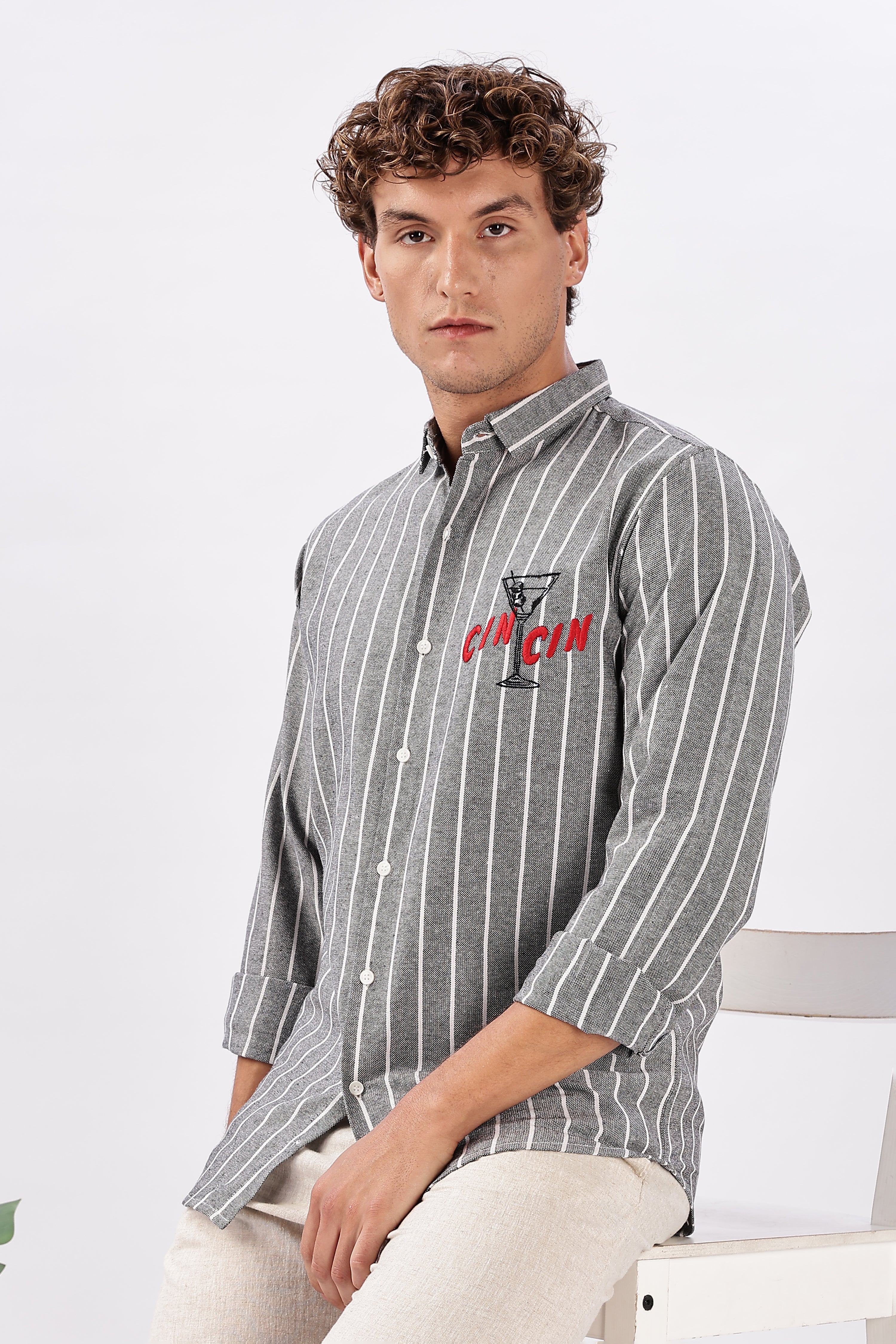 Cin Cin Striped Grey Embroidered Shirt