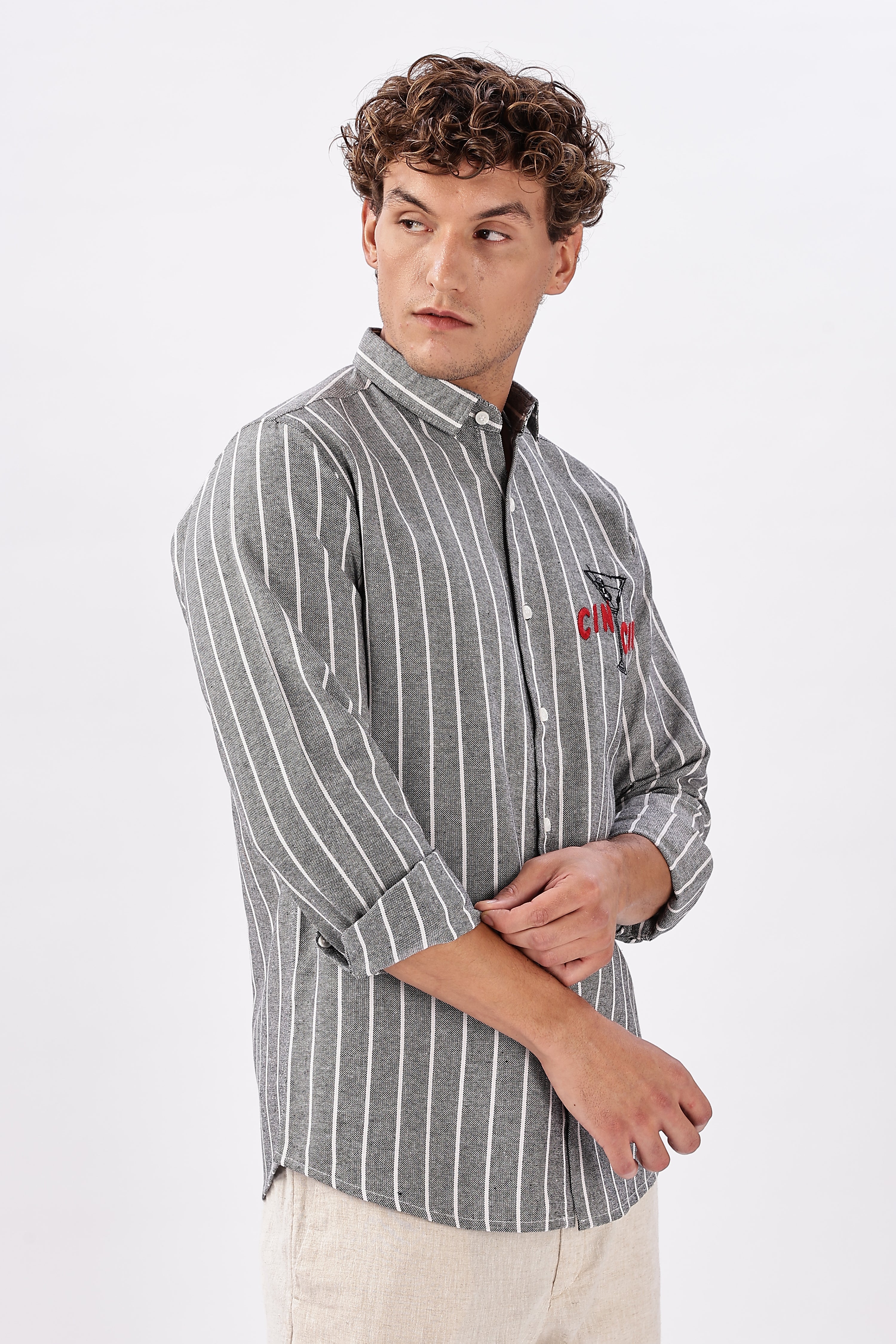 Cin Cin Striped Grey Embroidered Shirt