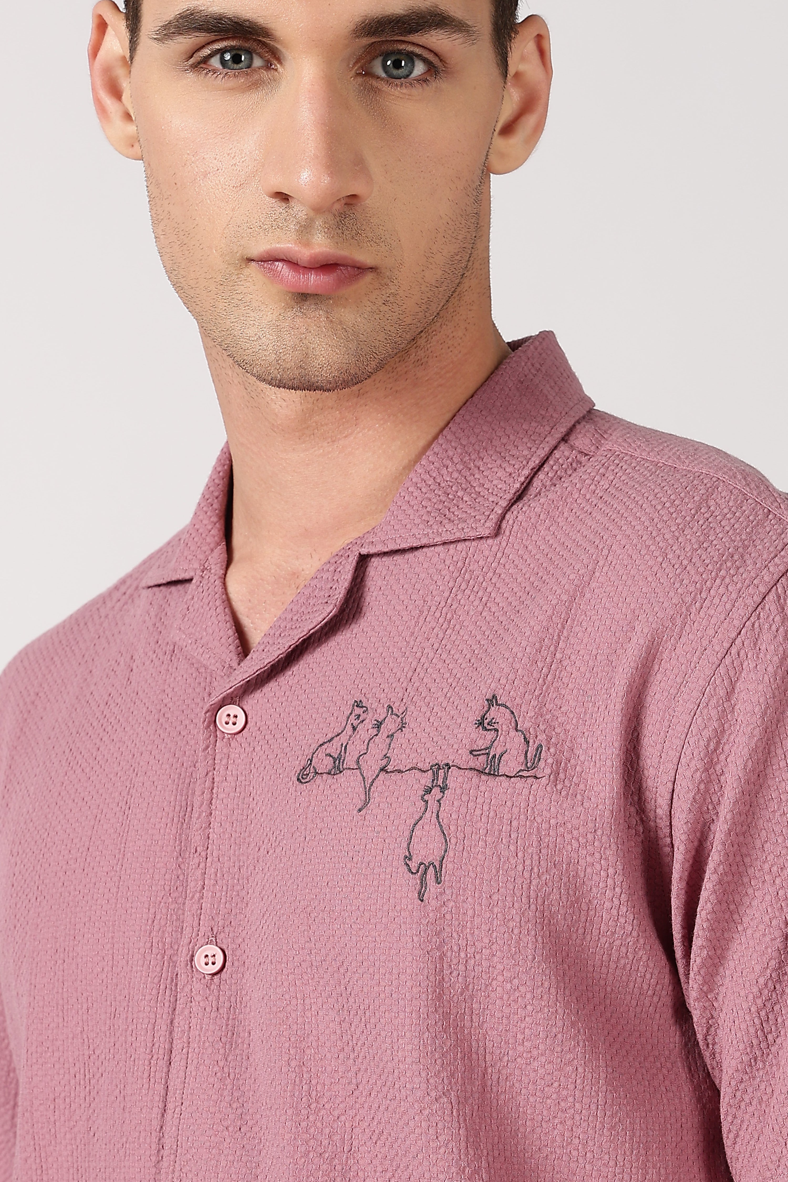 Playful Paws Cotton Box Fit Pink Embroidered Shirt
