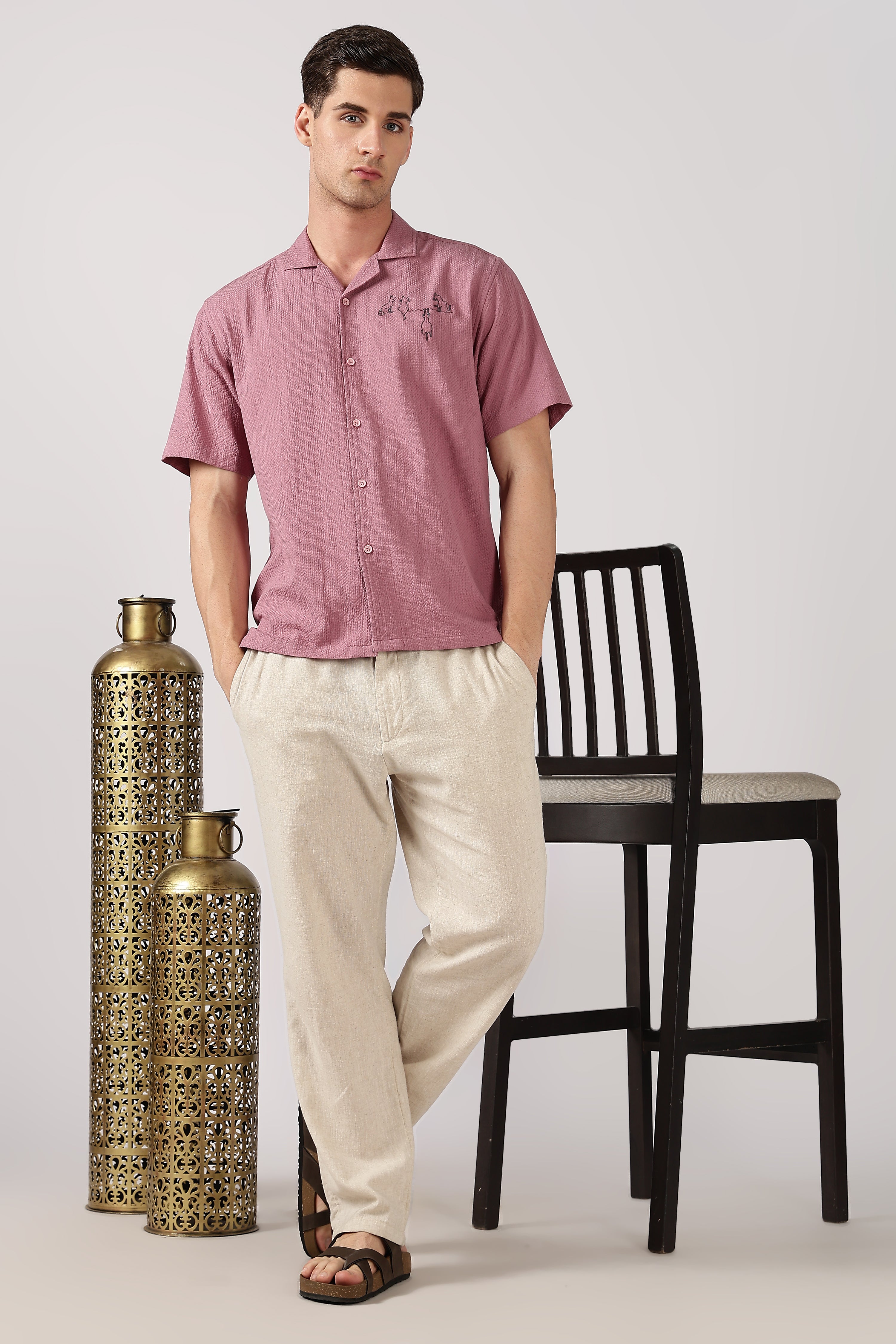 Playful Paws Cotton Box Fit Pink Embroidered Shirt