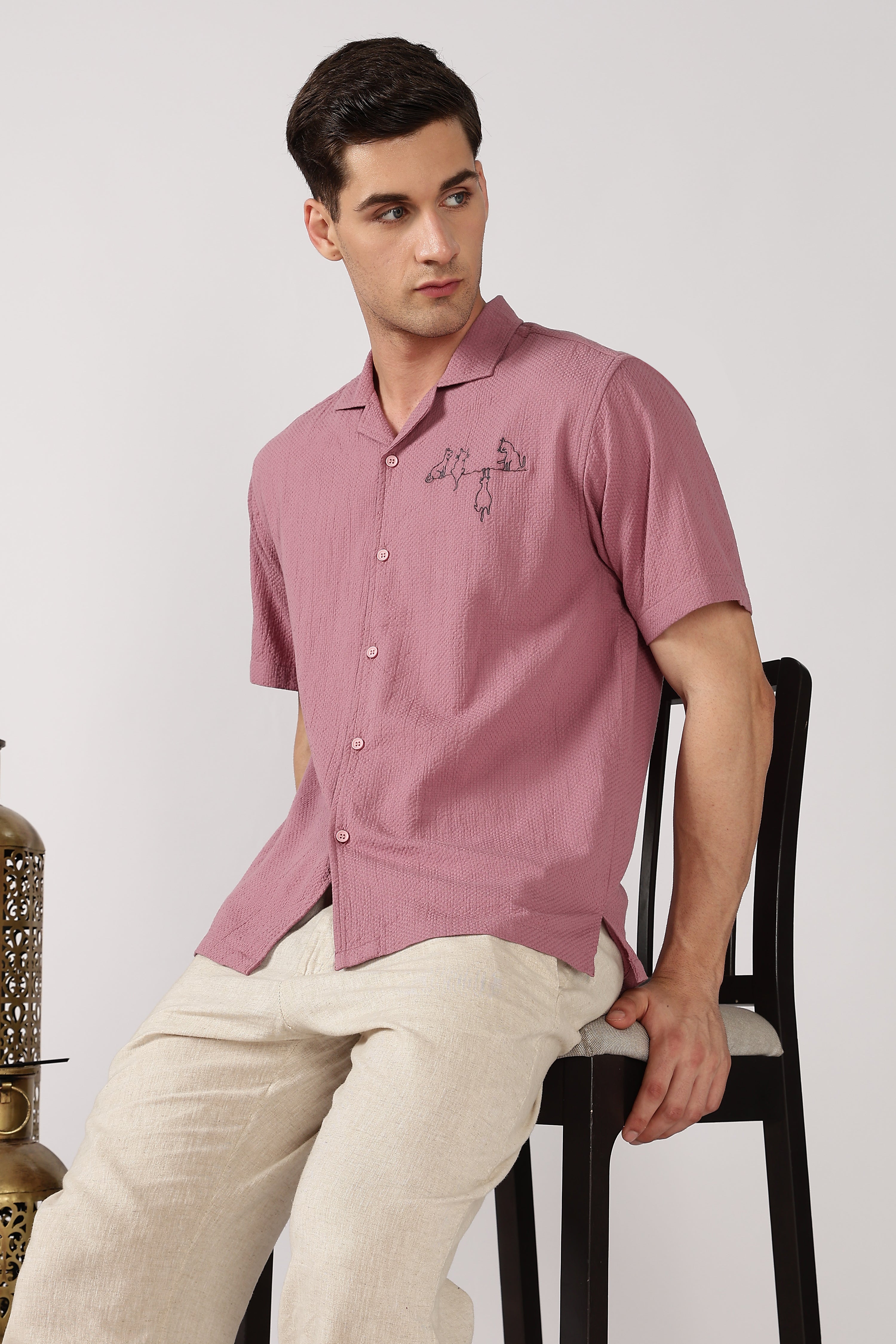 Playful Paws Cotton Box Fit Pink Embroidered Shirt