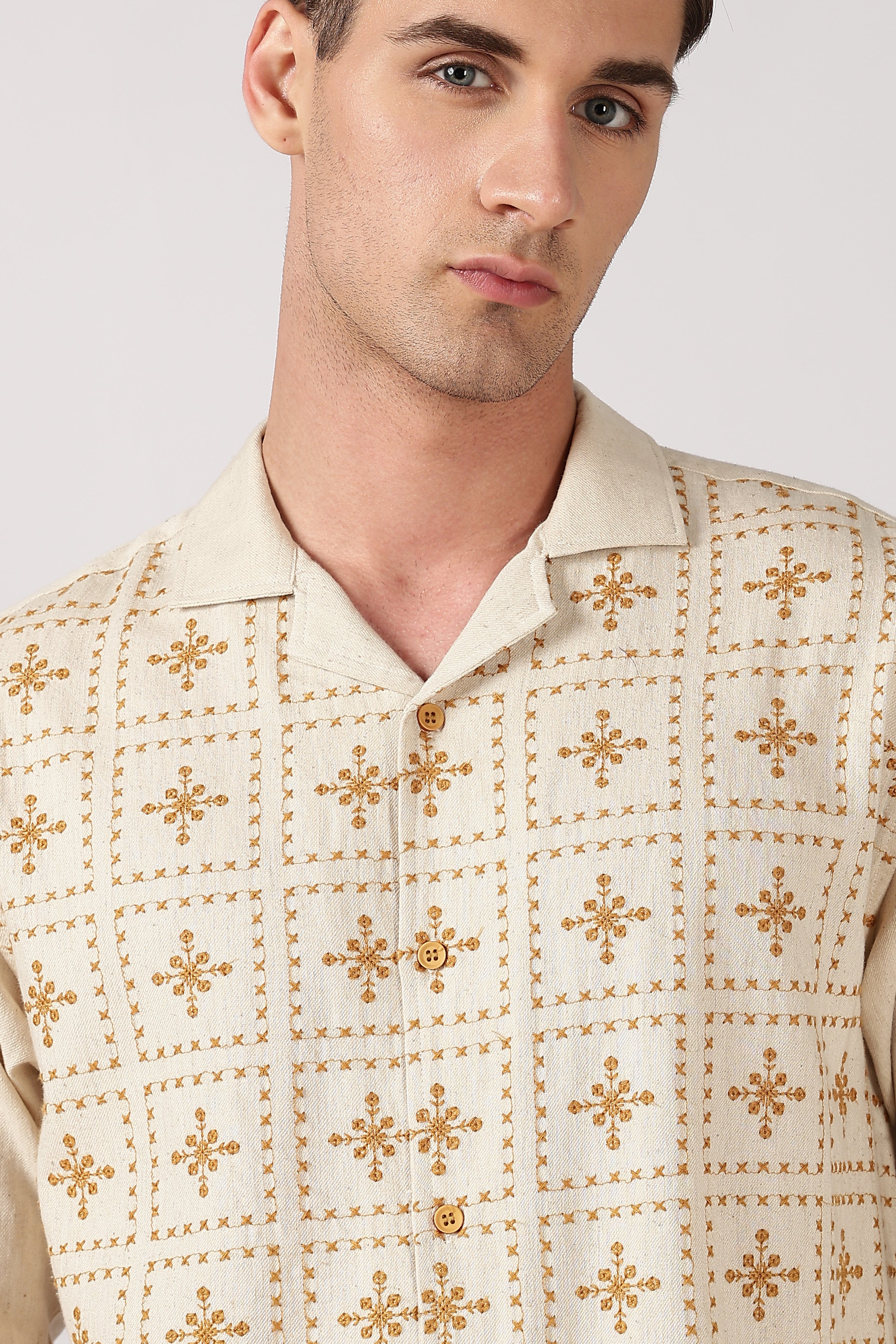 Heritage Yellow Grid Cotton Box Fit Beige Embroidered Shirt