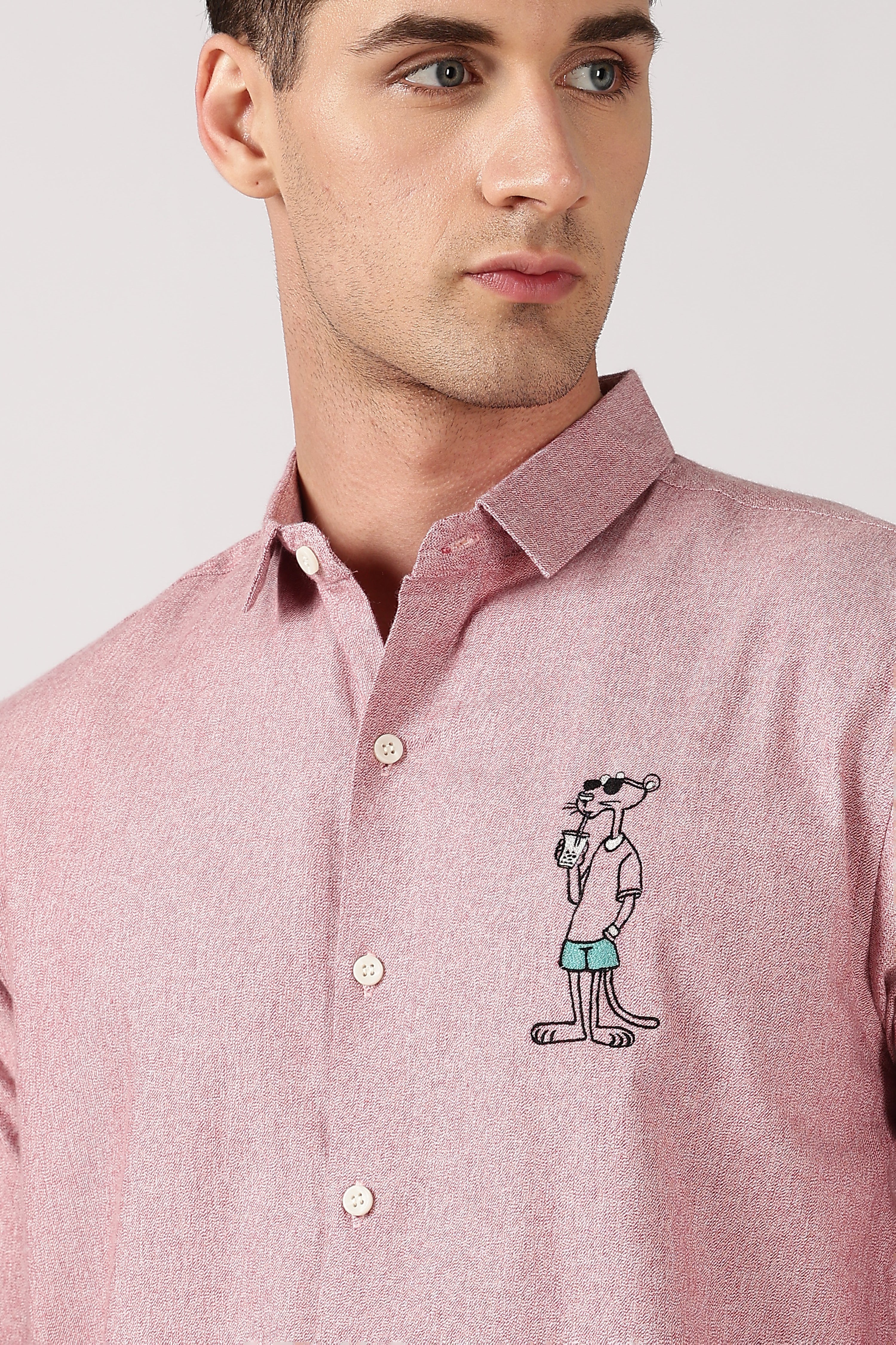 Soda Stroll Cotton Regular Fit Pink Embroidered Shirt