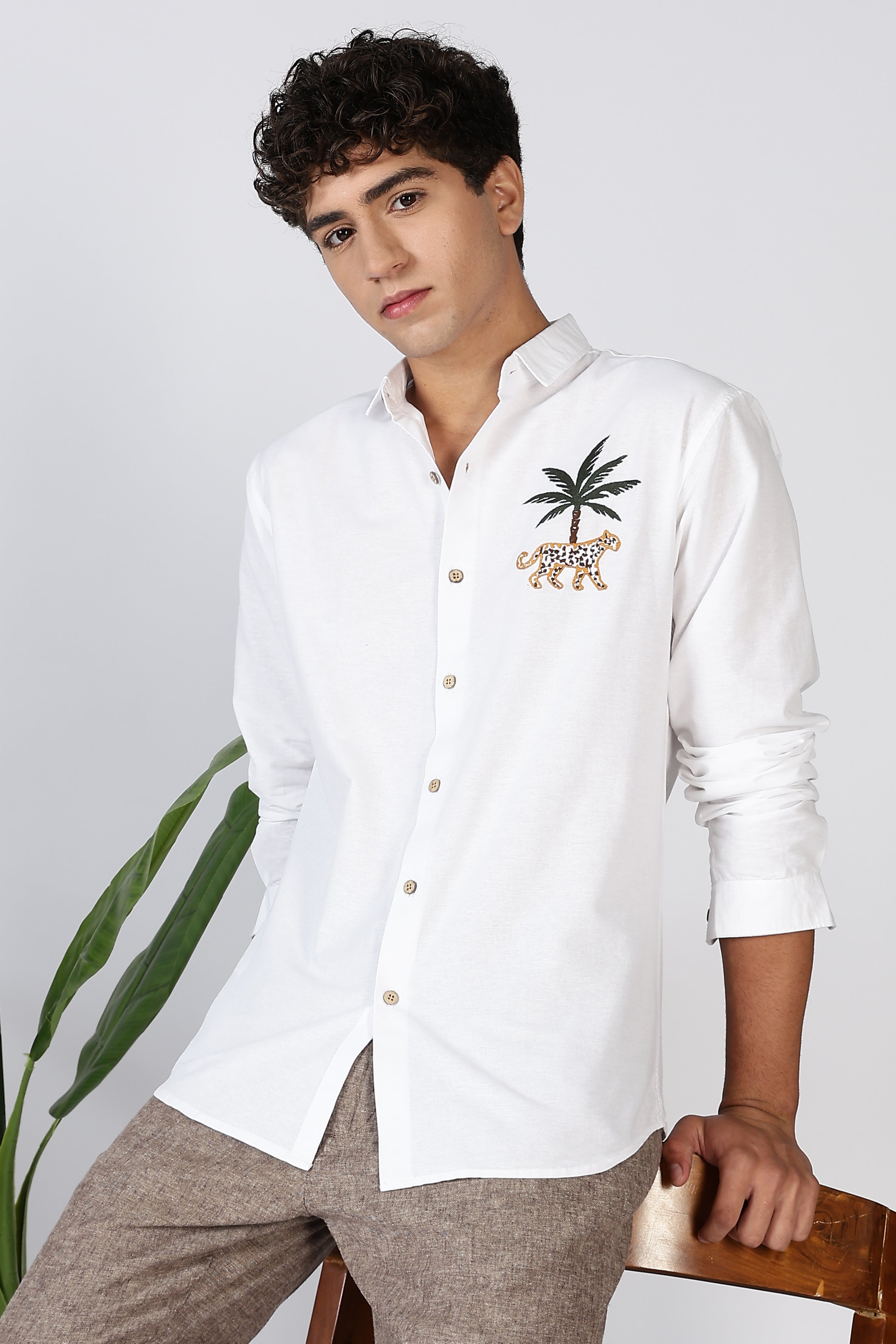 Mountains Vs Beaches 100% Cotton Regular Fit White Embroidery Shirt