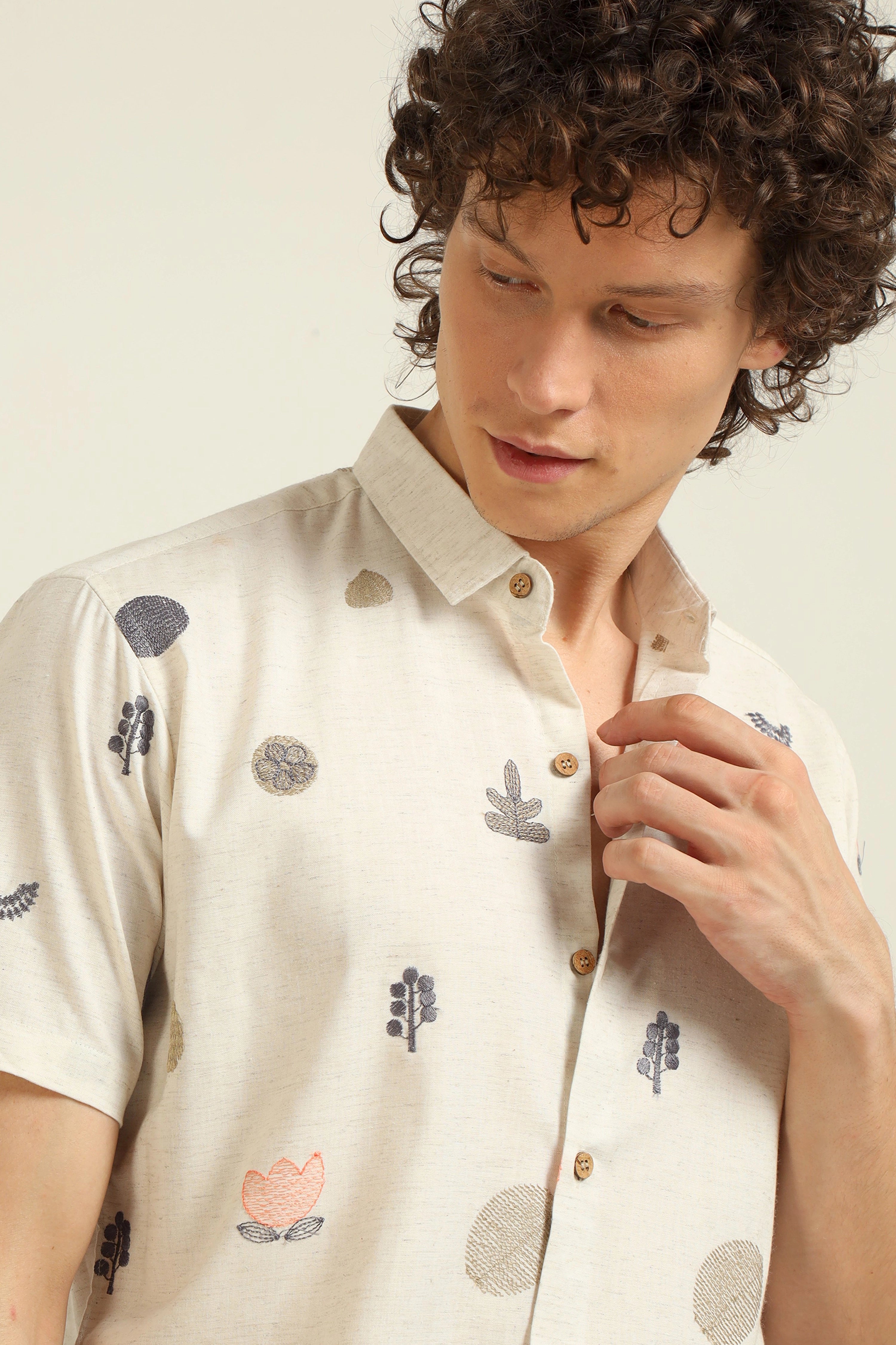 All Over Embroidery Half-sleeve Cotton shirt