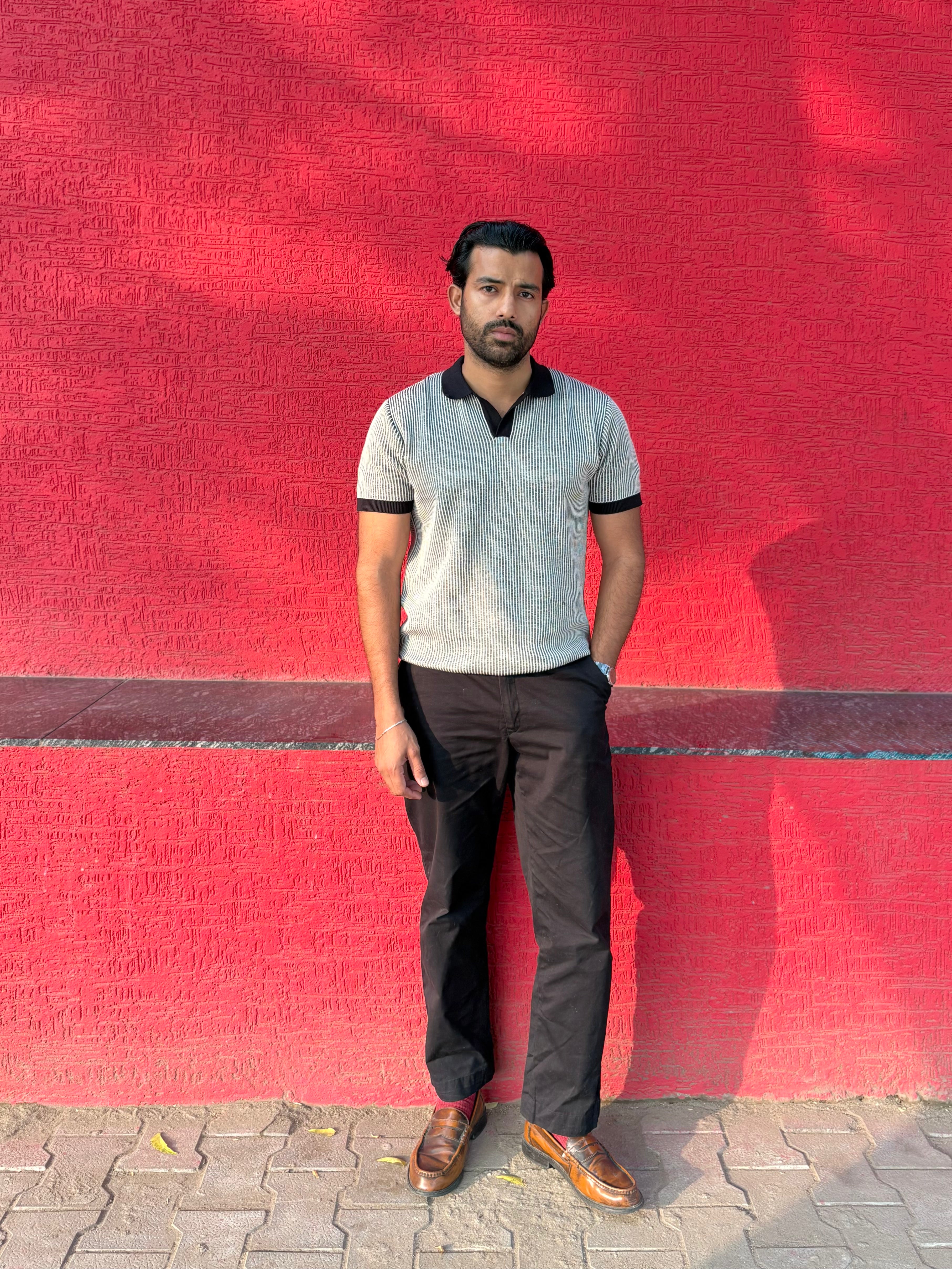 Modern Monochrome Rib Knit Polo T-shirt