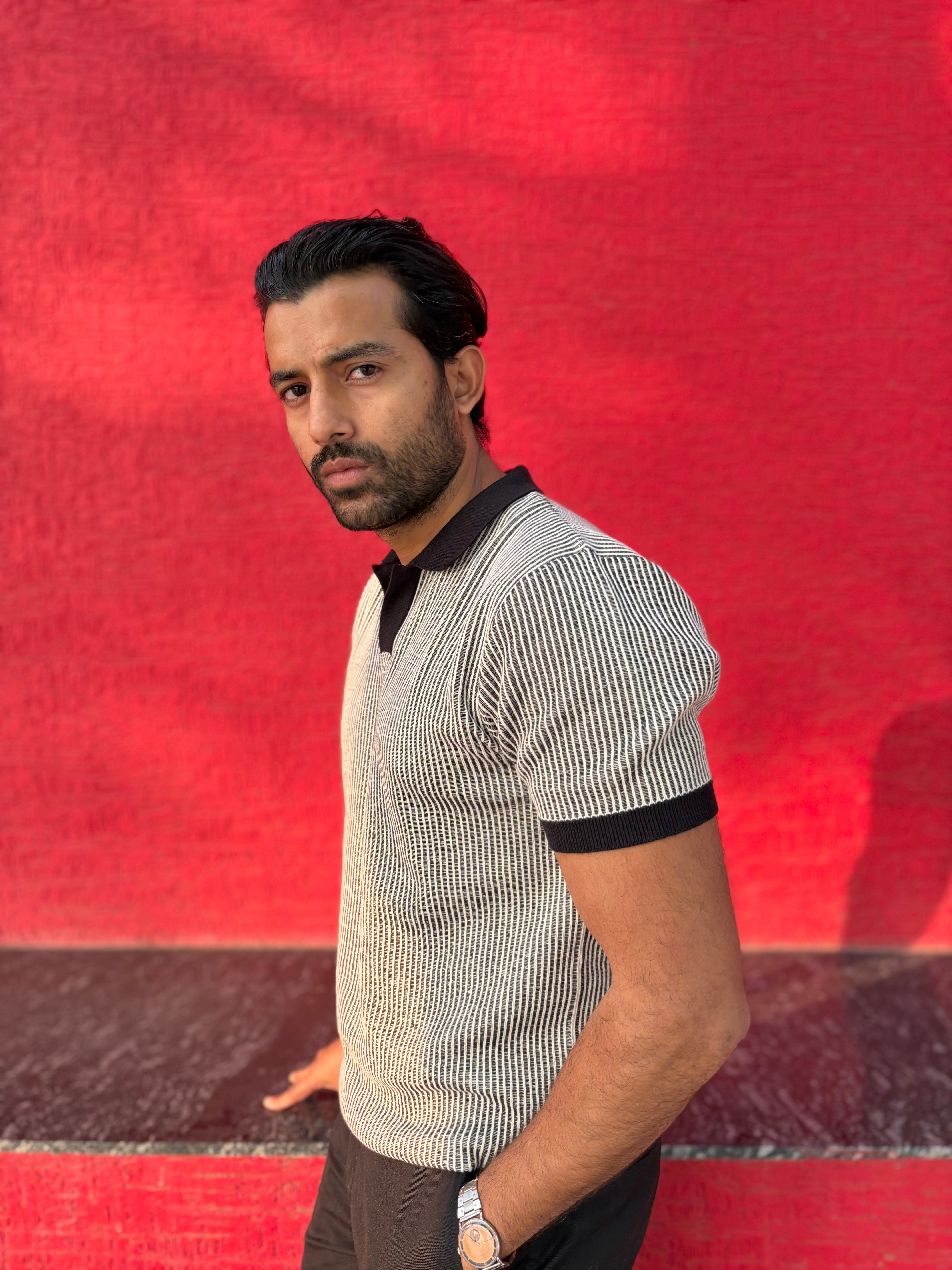 Modern Monochrome Rib Knit Polo T-shirt