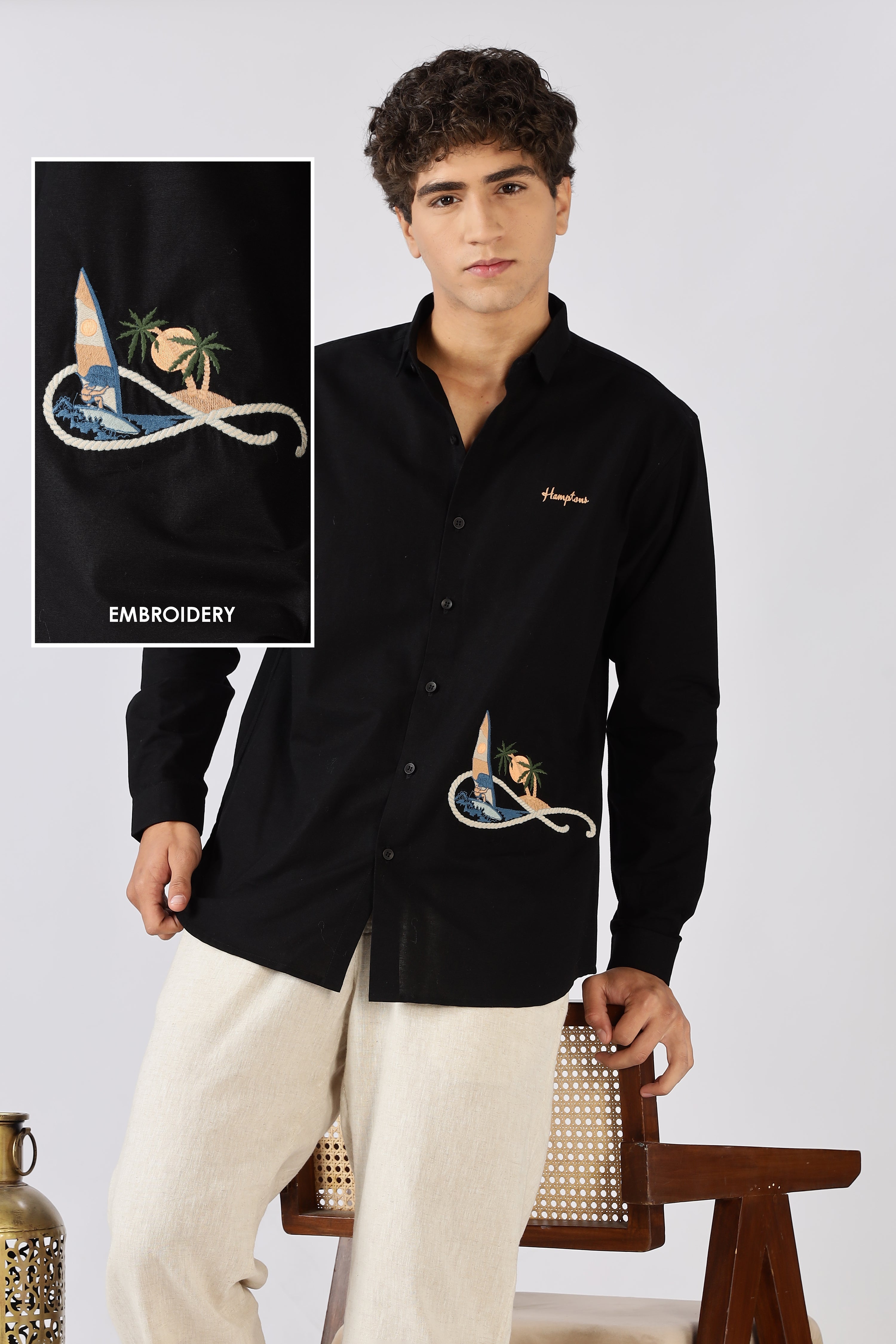 Coastal Voyage Black Embroidered Shirt