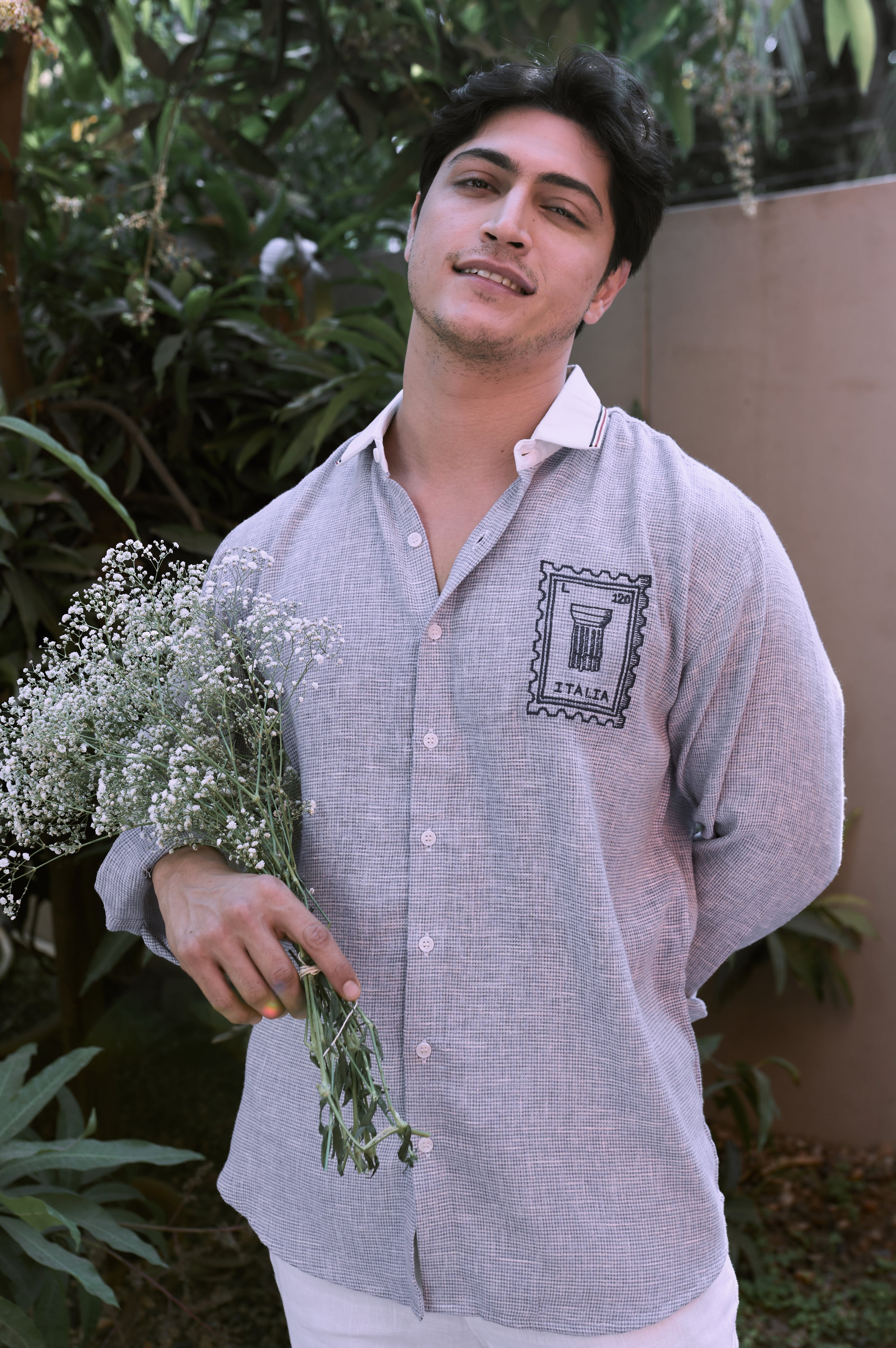Italia Postmark Grey Embroidered Shirt