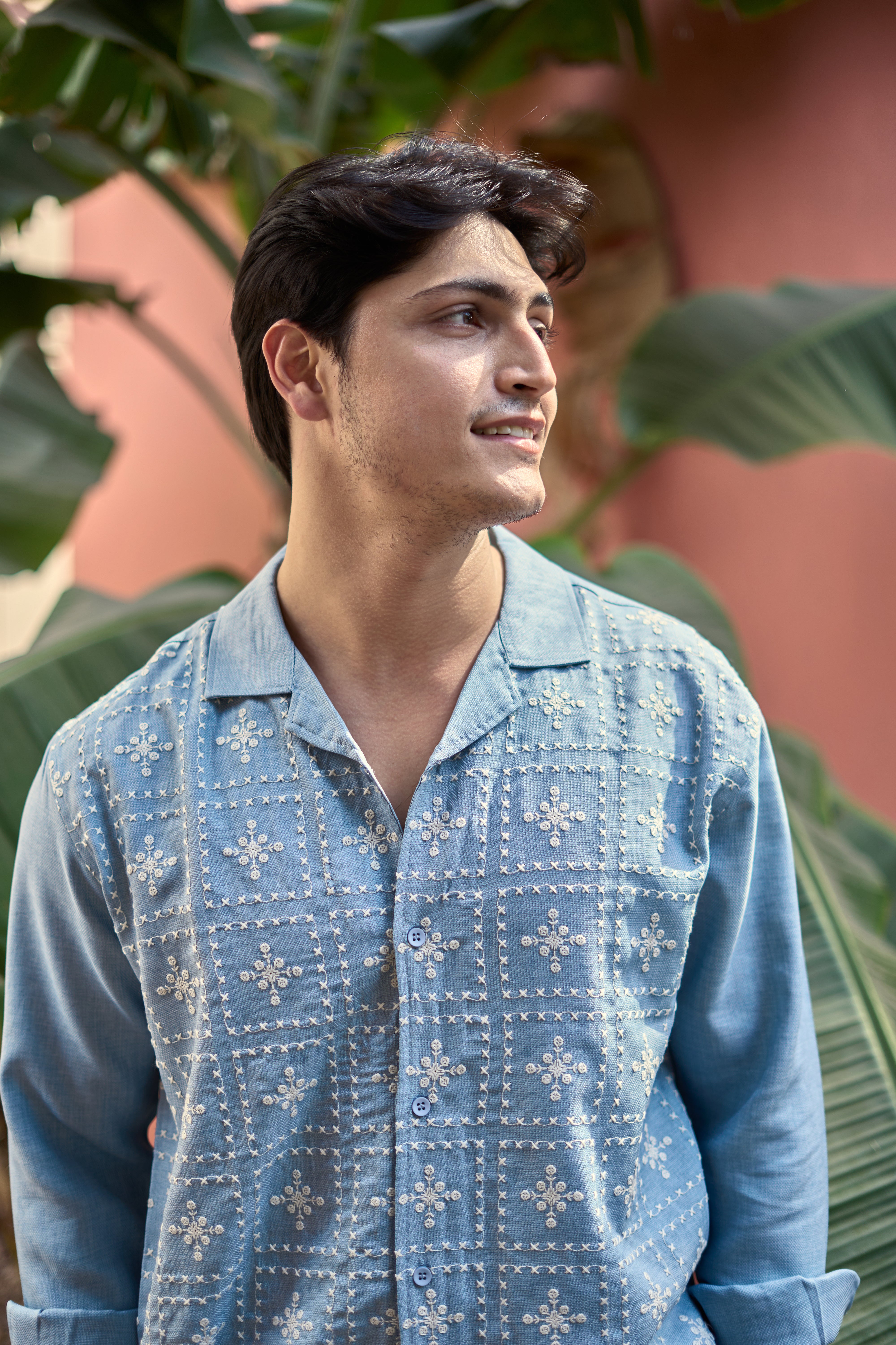 River Blue All Over Cotton Box Fit Blue Embroidered Shirt