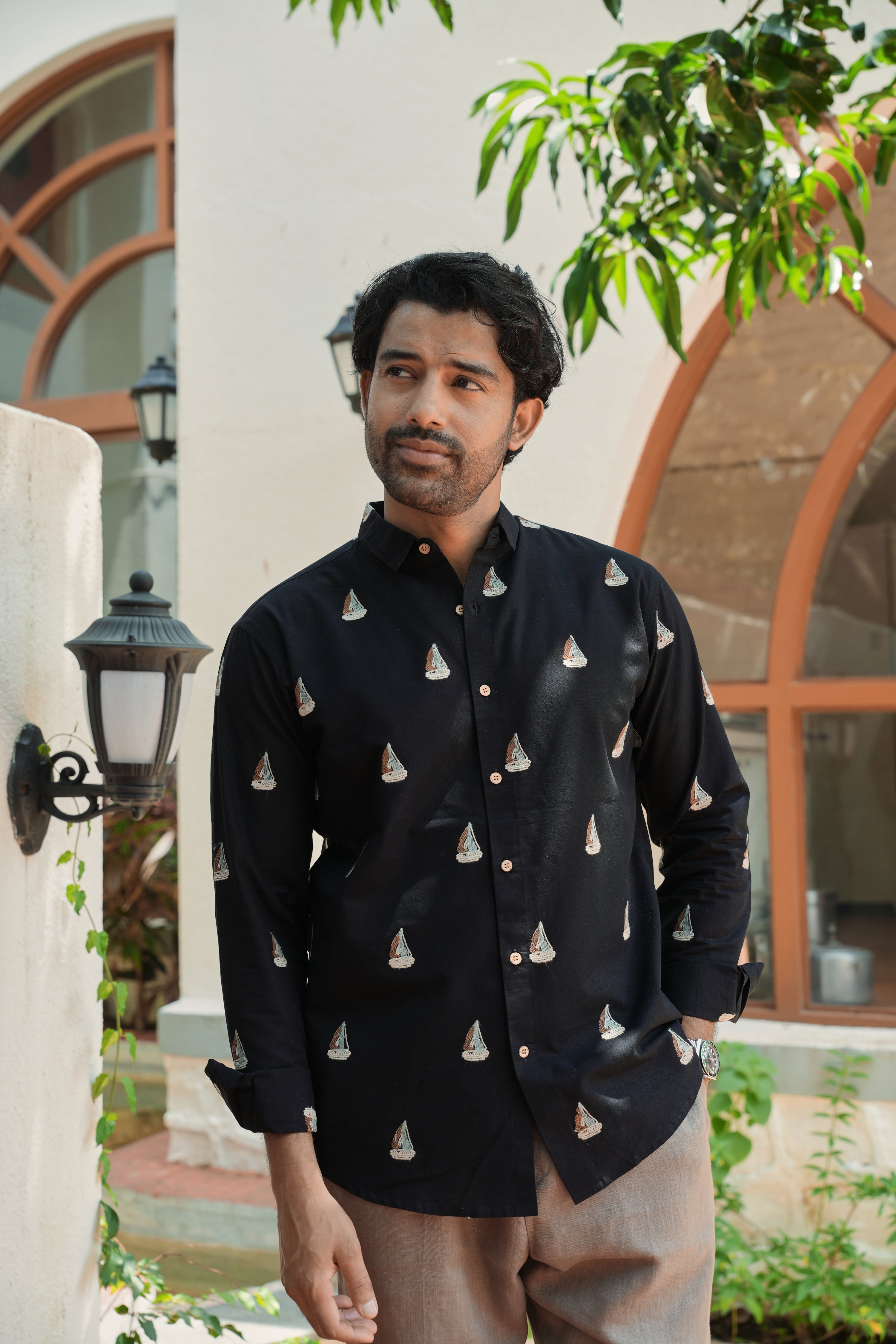 Midnight Nautical Sailboat Black Embroidered Shirt