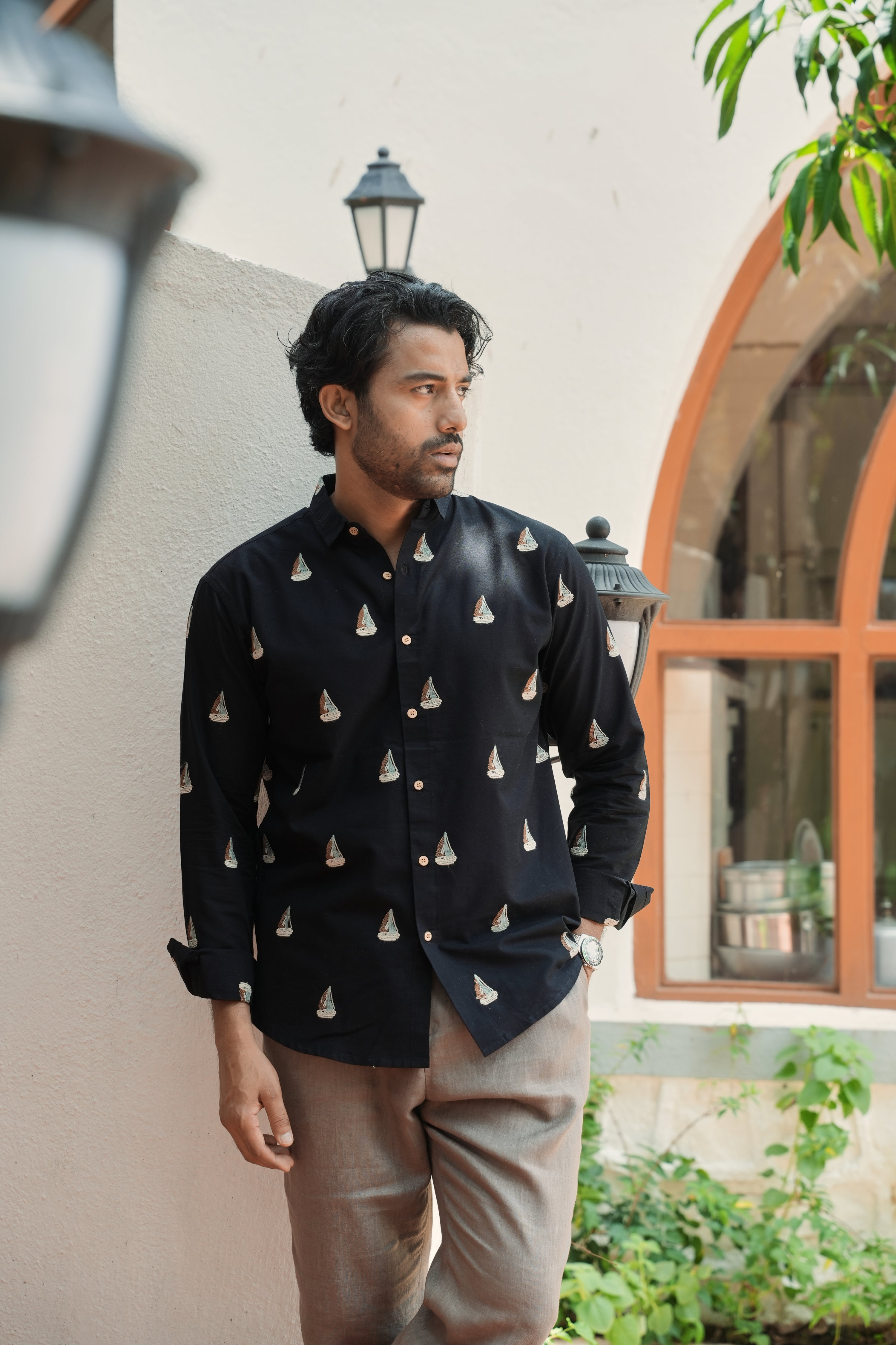 Midnight Nautical Sailboat Black Embroidered Shirt