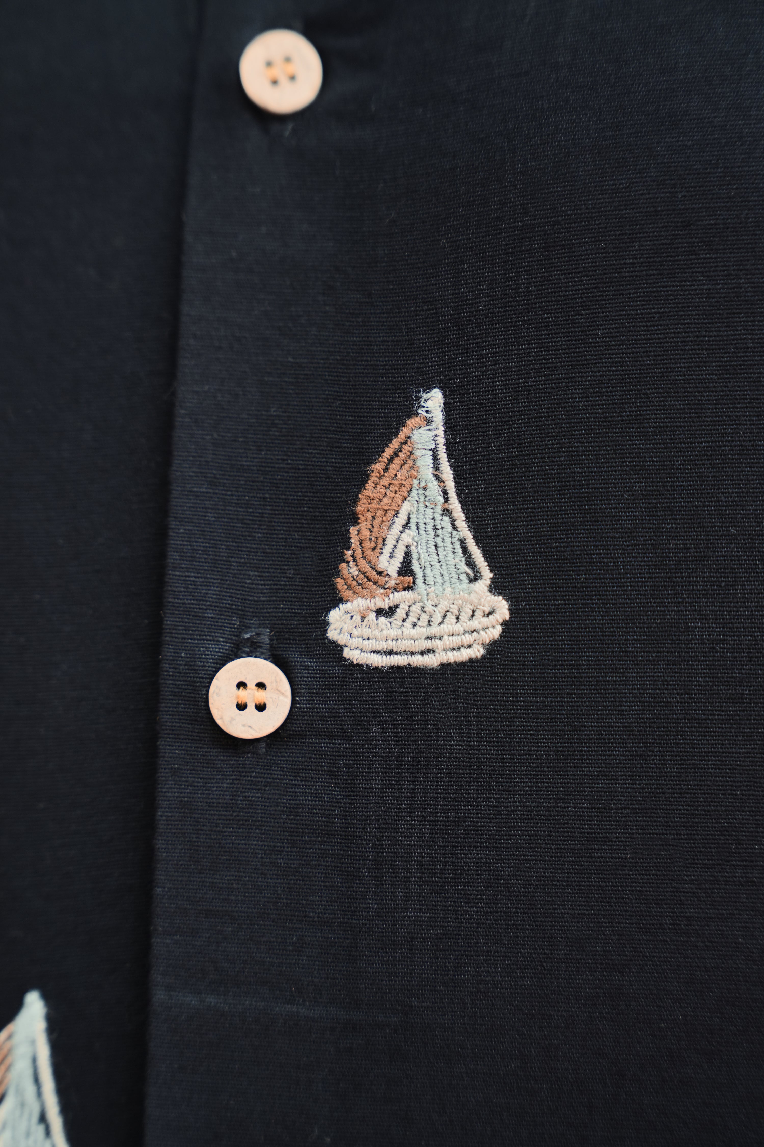 Midnight Nautical Sailboat Black Embroidered Shirt