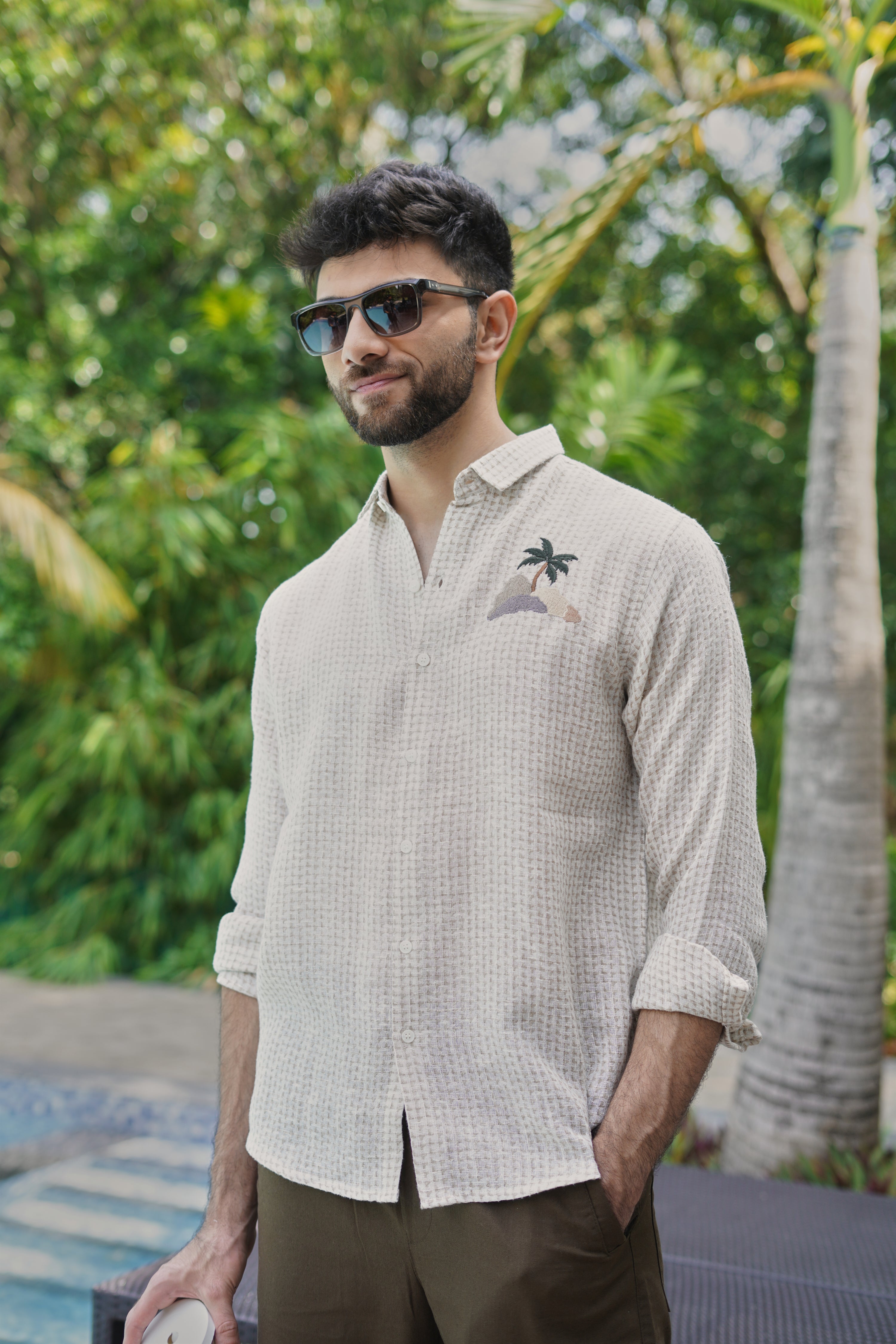 Island Escape Waffle Textured Palm Embroidery Shirt