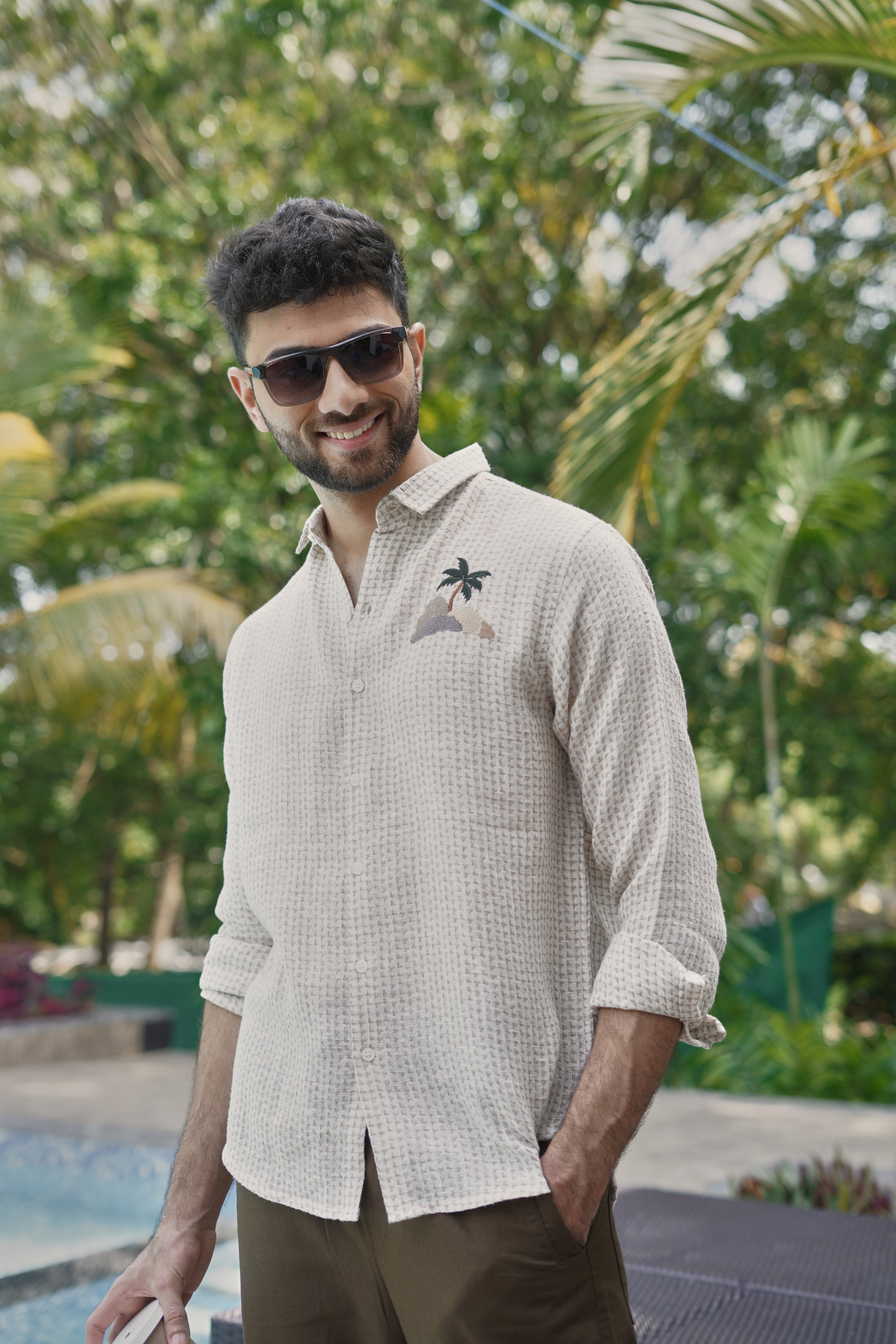Island Escape Waffle Textured Palm Embroidery Shirt